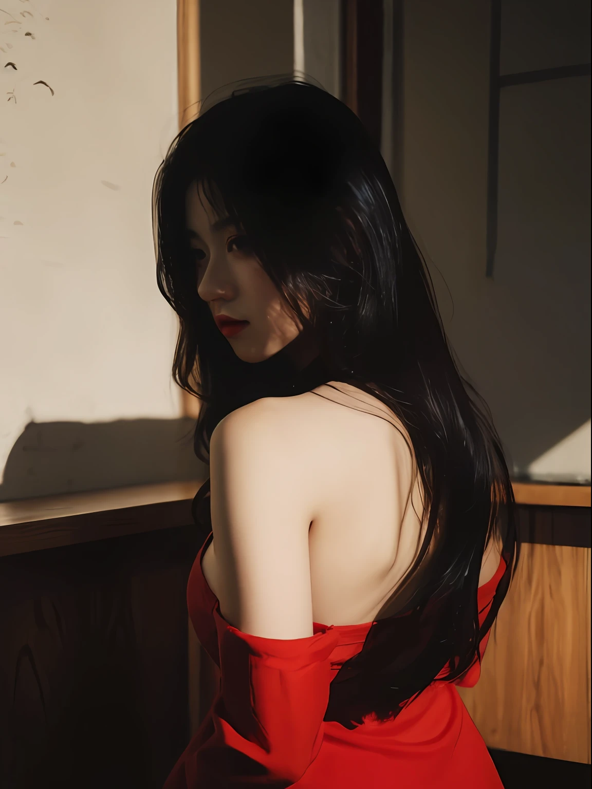 Best Quority， masterpaintings， ultra-high-resolution， （extremely lifelike：1.5）， OriginalPhoto， 1girl huge large breasts， in the darkness nigth， deep-shadows， lowkey， cold light， Sexy look， Red long hair，smallbreast，Red shirt，cafe shop，No chest baring，Back