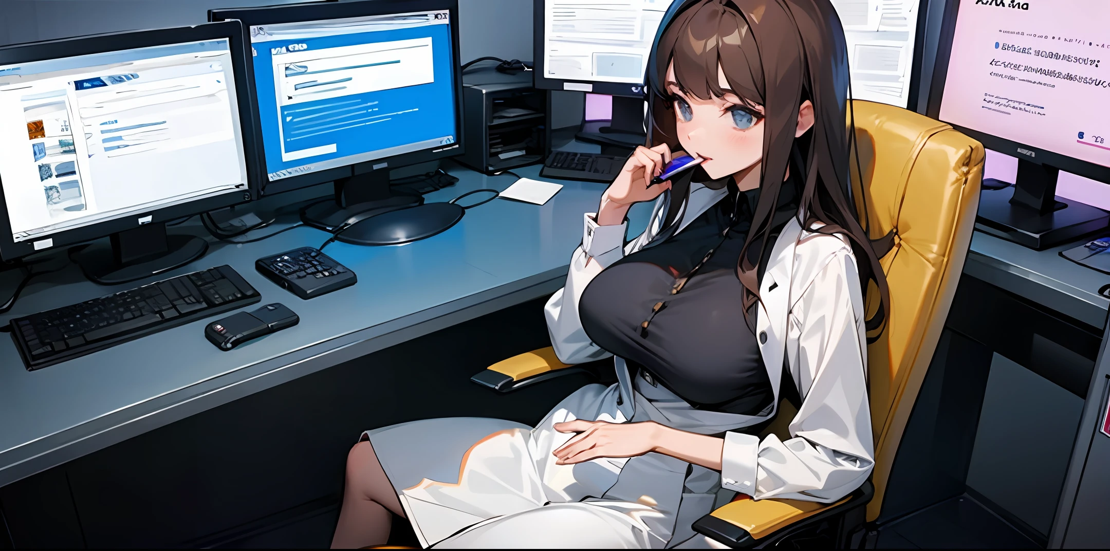 Brunette royal sister,Professionalwear,Sitting in Office Chair,Two-dimensional,There is a computer on the desk,Black silk big breasts,Holding a cell phone in his hand