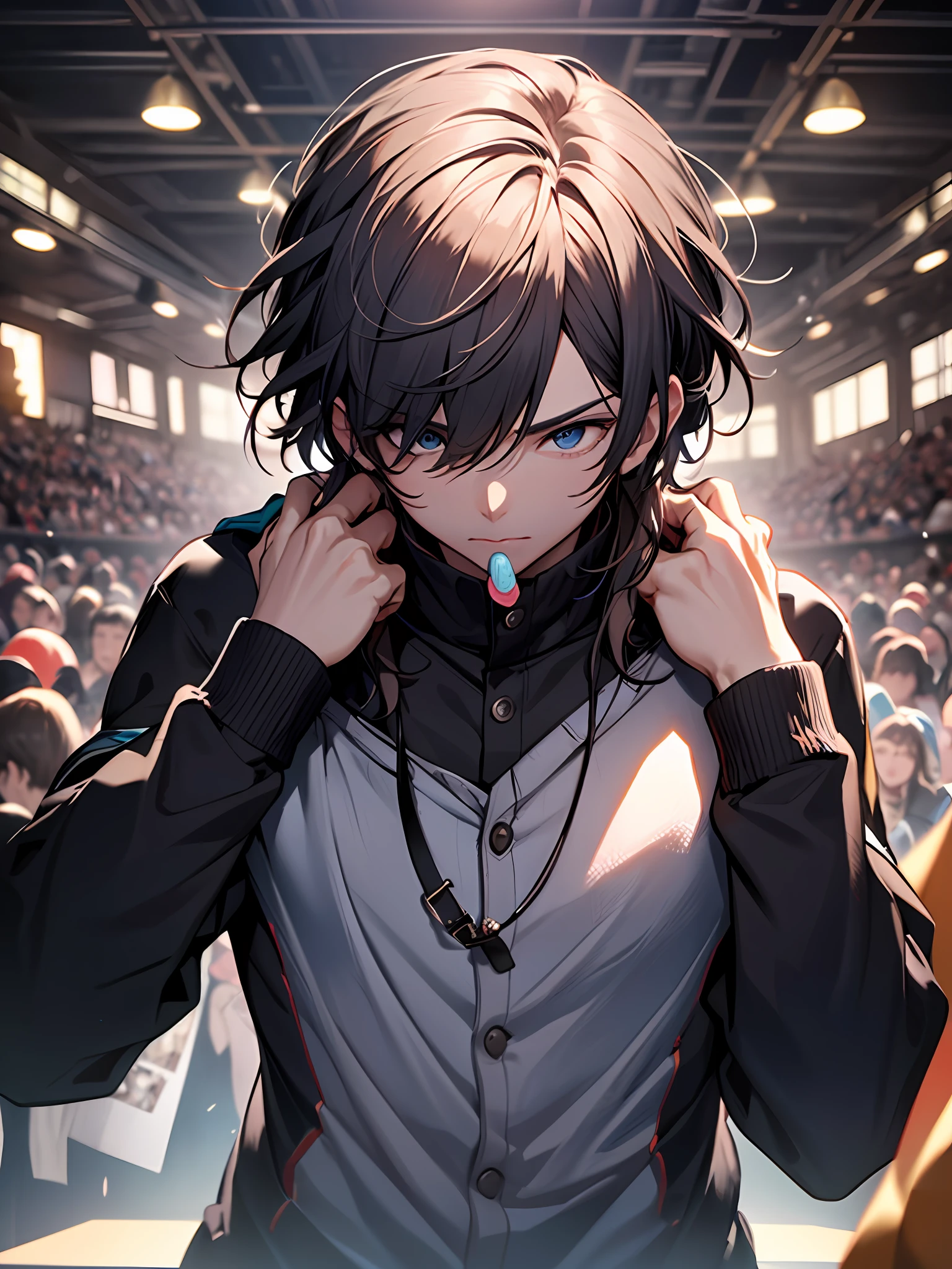 {{Master masterpieces}},illustration,Best Quority,extremely detailed CG Unity 8k wallpapers,1 boy,chewing gum, Look up, Look down,Close-up,Attack the audience,