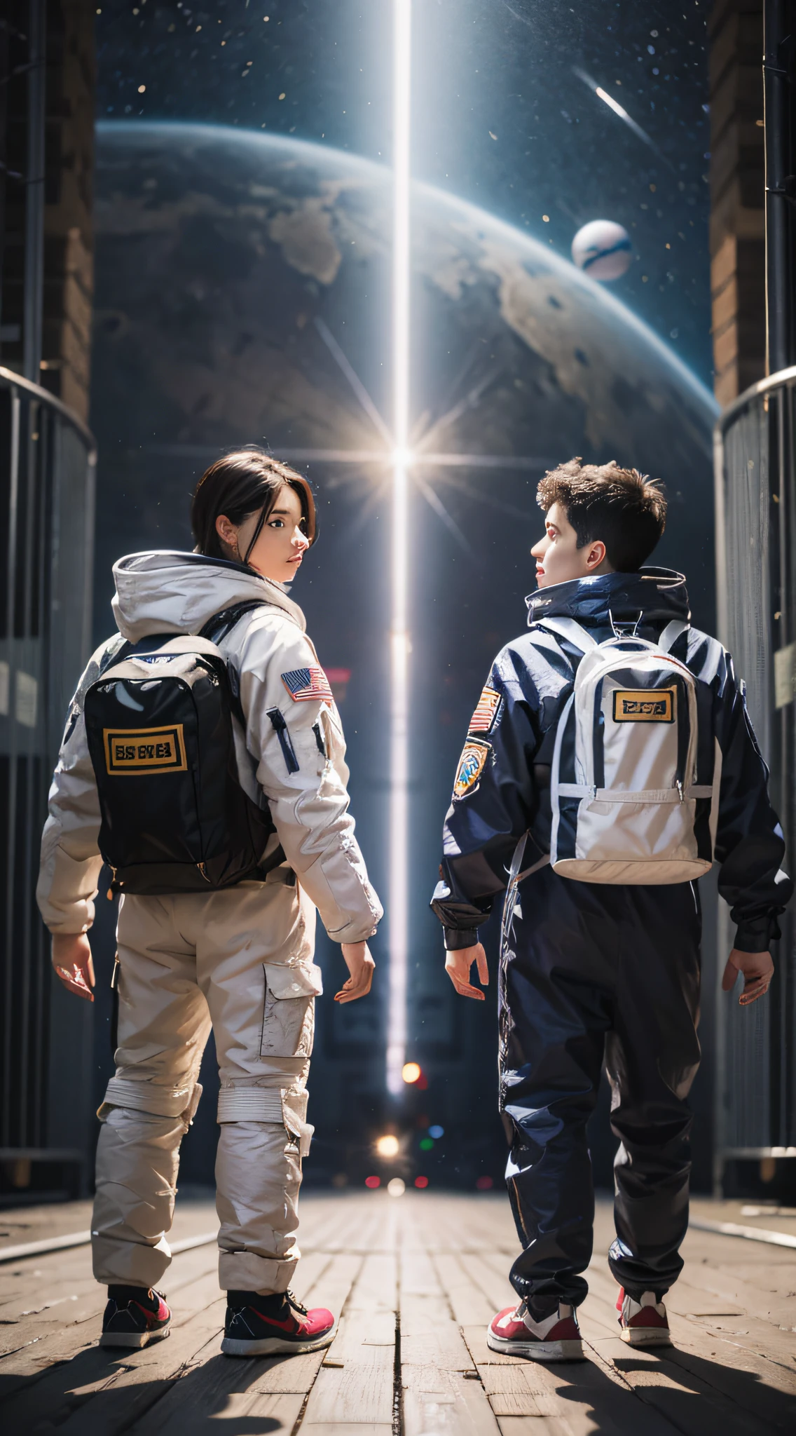 （8K，RAW photos，Best Quority，masterpaintings：1.2），（realisticlying，photo realistic：1.37）Two people，Standing together，Look at each other，space suit，Back Shadow