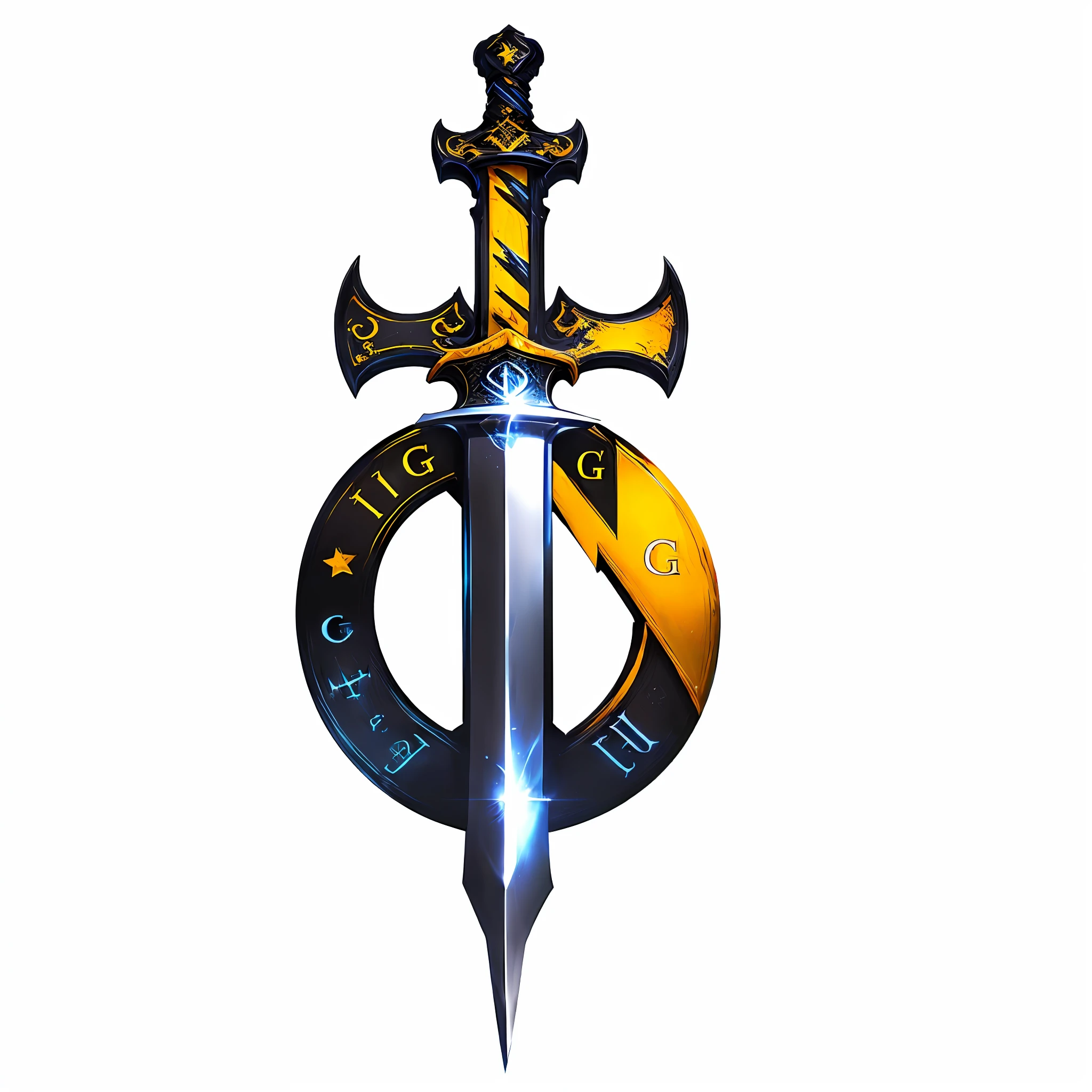 A logo with (((letter G))) in the midle, ((circle crossed by a big and large sword, top to botton, centralized)), color yellow and black vibrant, (cartoon style)