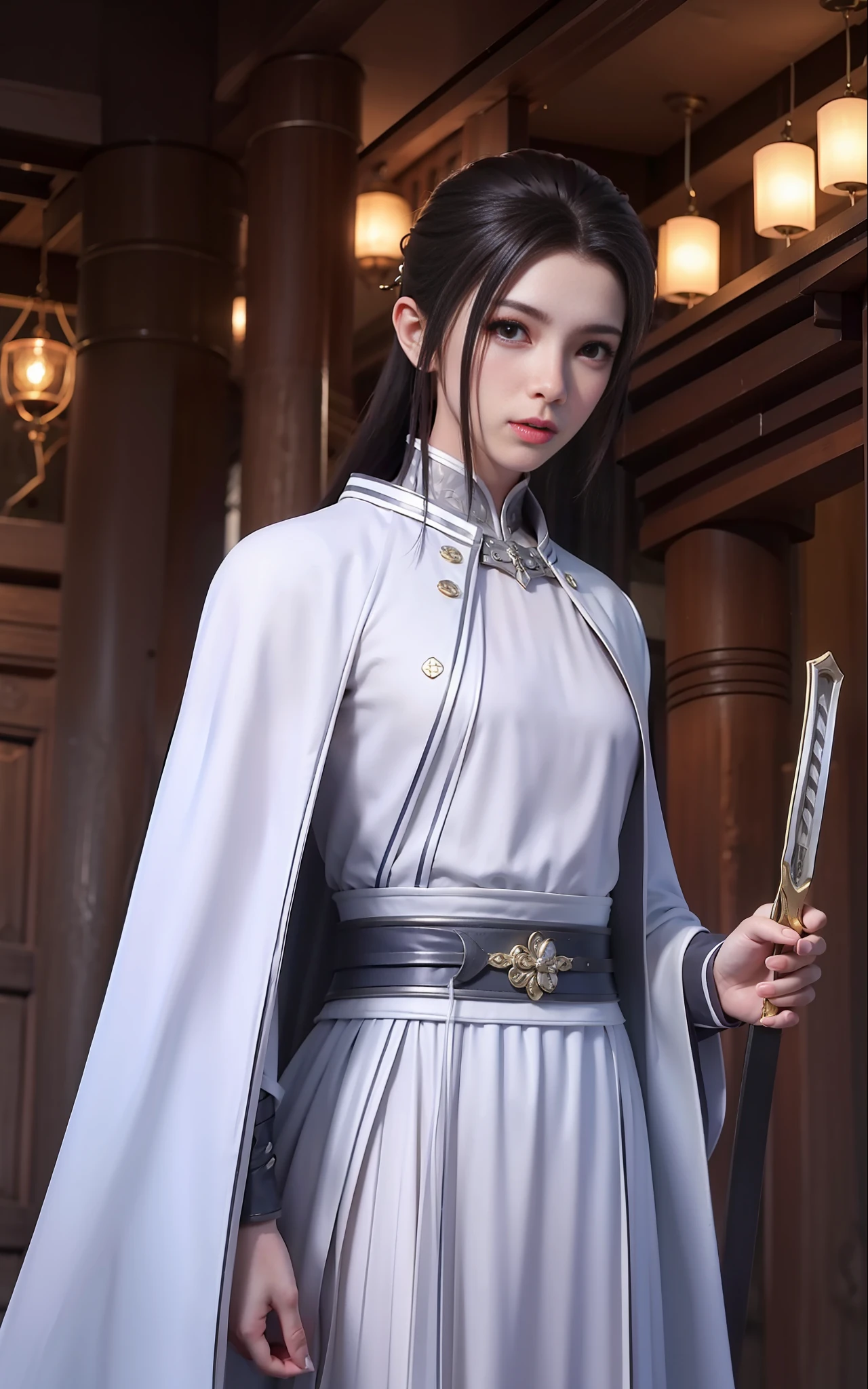 swordsmen，White robe white，length hair，Ancient buildings，Deep mountains