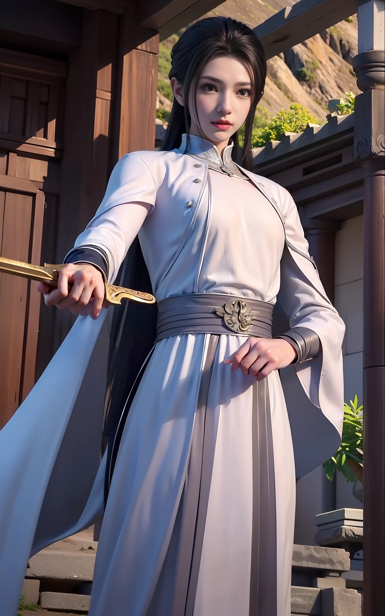swordsmen,White robe white,length hair,Ancient buildings,Deep mountains