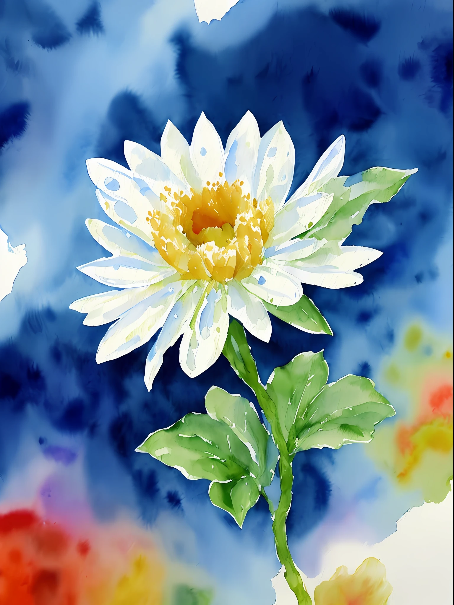 watercolor, flower, beautiful, watercolor style, flower and leaf patterns, wet on wet technique, muted, indigo, fabric design, flat illustration, highly detailed clean, vector image, masterpiece, professional, isometric, bright vector, white background, dry brush, brush strokes, painted on canvas, by J.M.W. Turner. expressive marks.