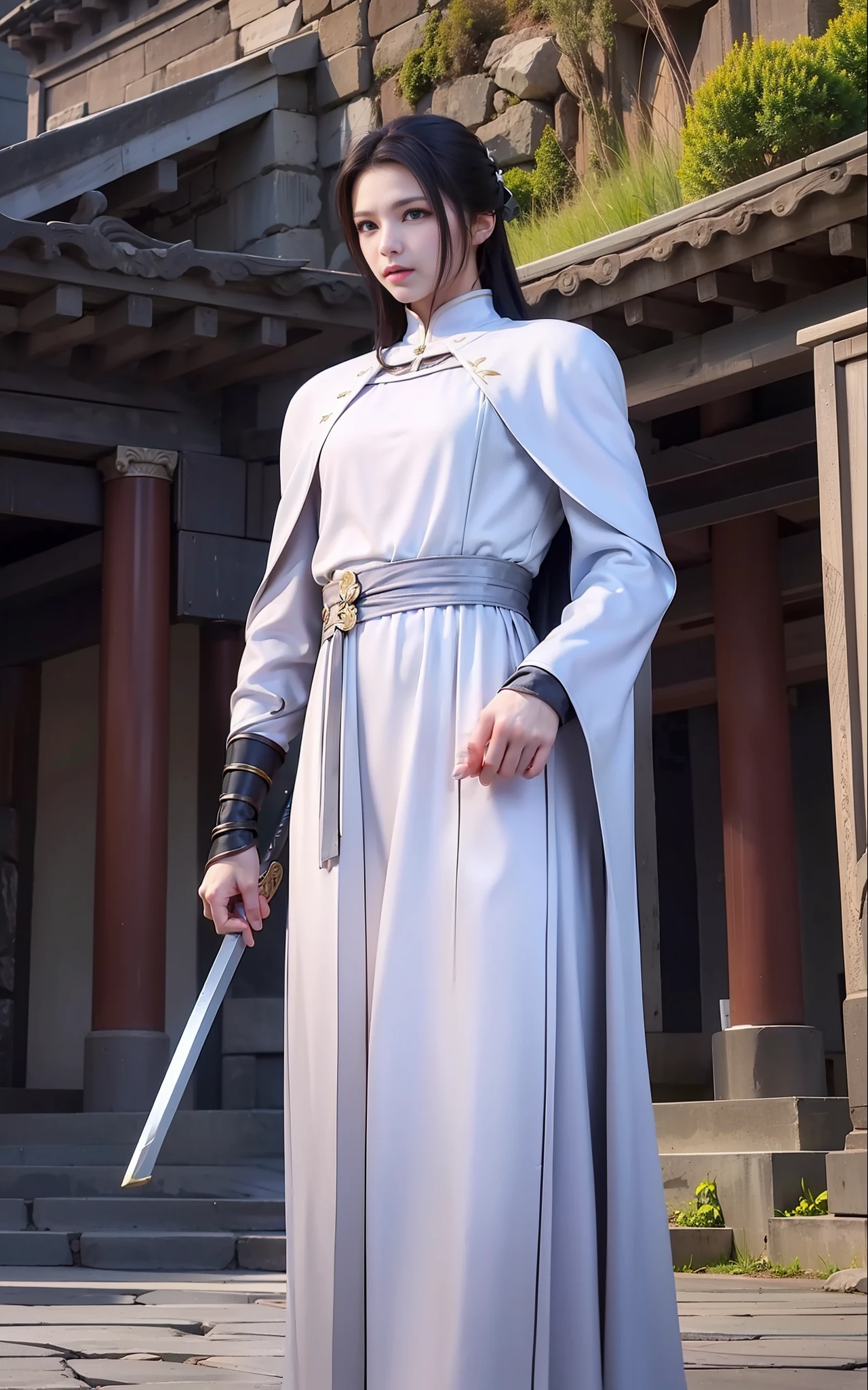 swordsmen,White robe white,length hair,Ancient buildings,Deep mountains