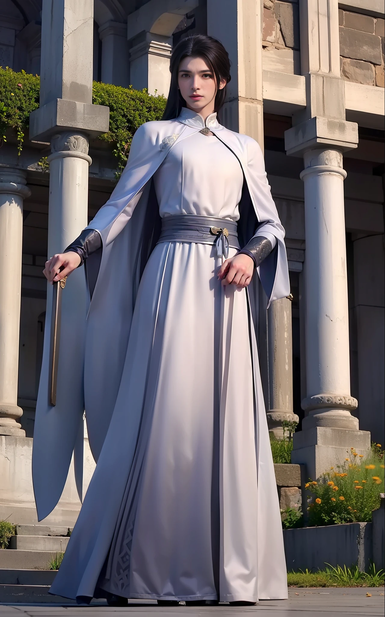 swordsmen,White robe white,length hair,Ancient buildings,Deep mountains