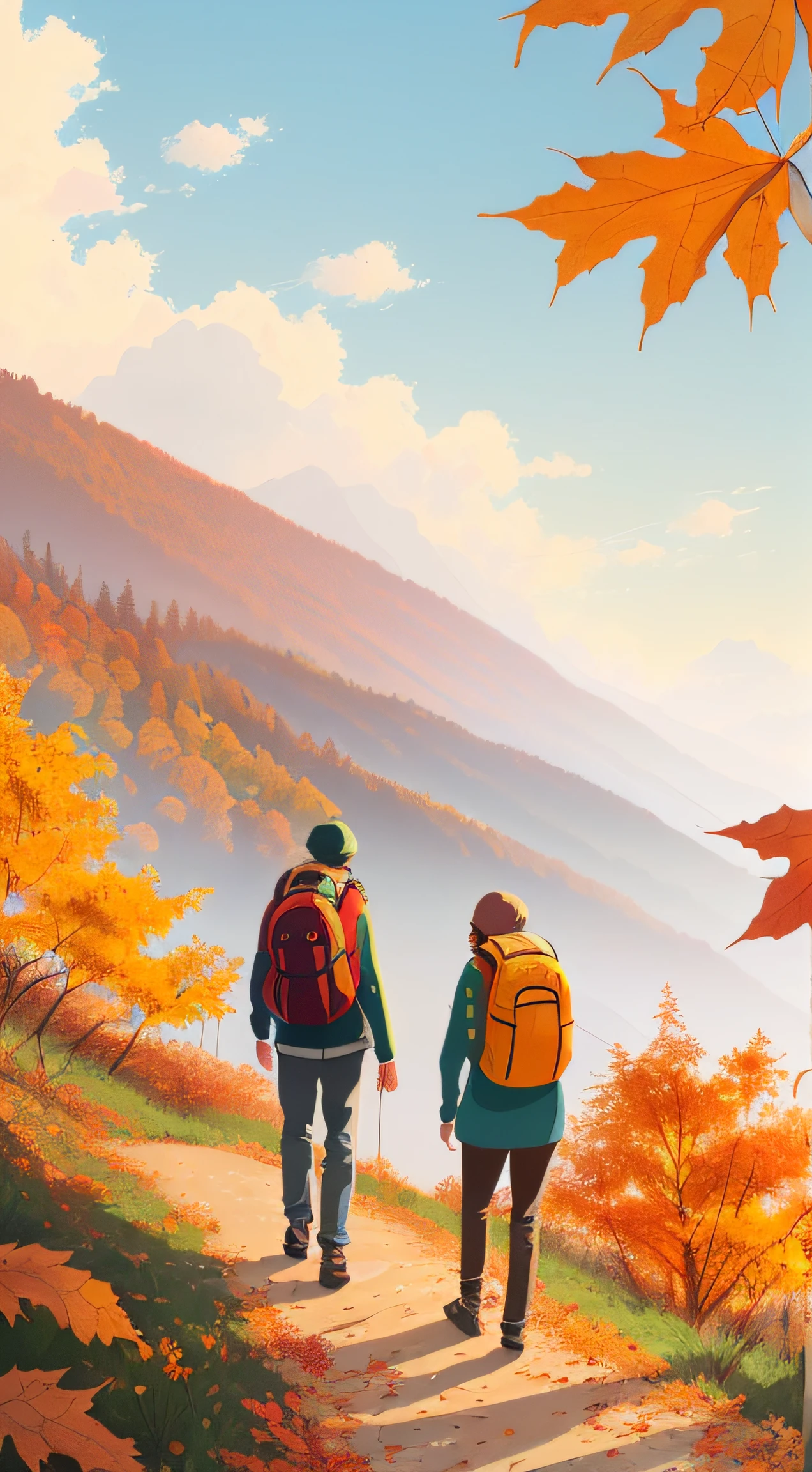 there are two people standing on a hill with backpacks, by Atey Ghailan, atey ghailan 8 k, in style of atey ghailan, Inspired by Atey ghailan, autumn mountains, 🍁 kawaii, lofi art, traveling through the mountains, author:Sylvain Salair, cyril rolando and goro fujita,Illustration style style,Autumn leaves fall,Full of maple leaves