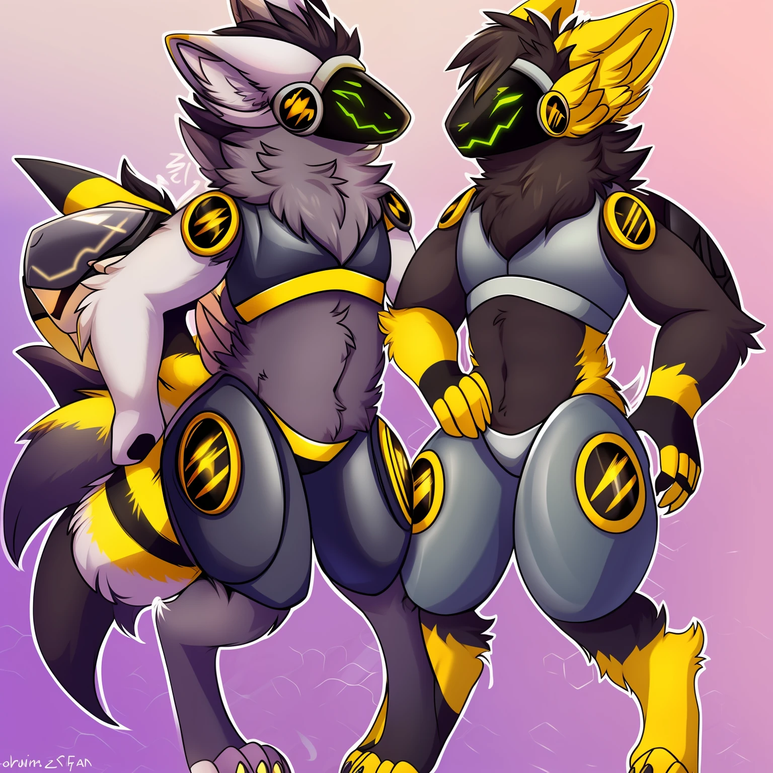 Protogen, pelaje plateado y ojos verdes, pelaje suave, cuerpo detallado, de pie