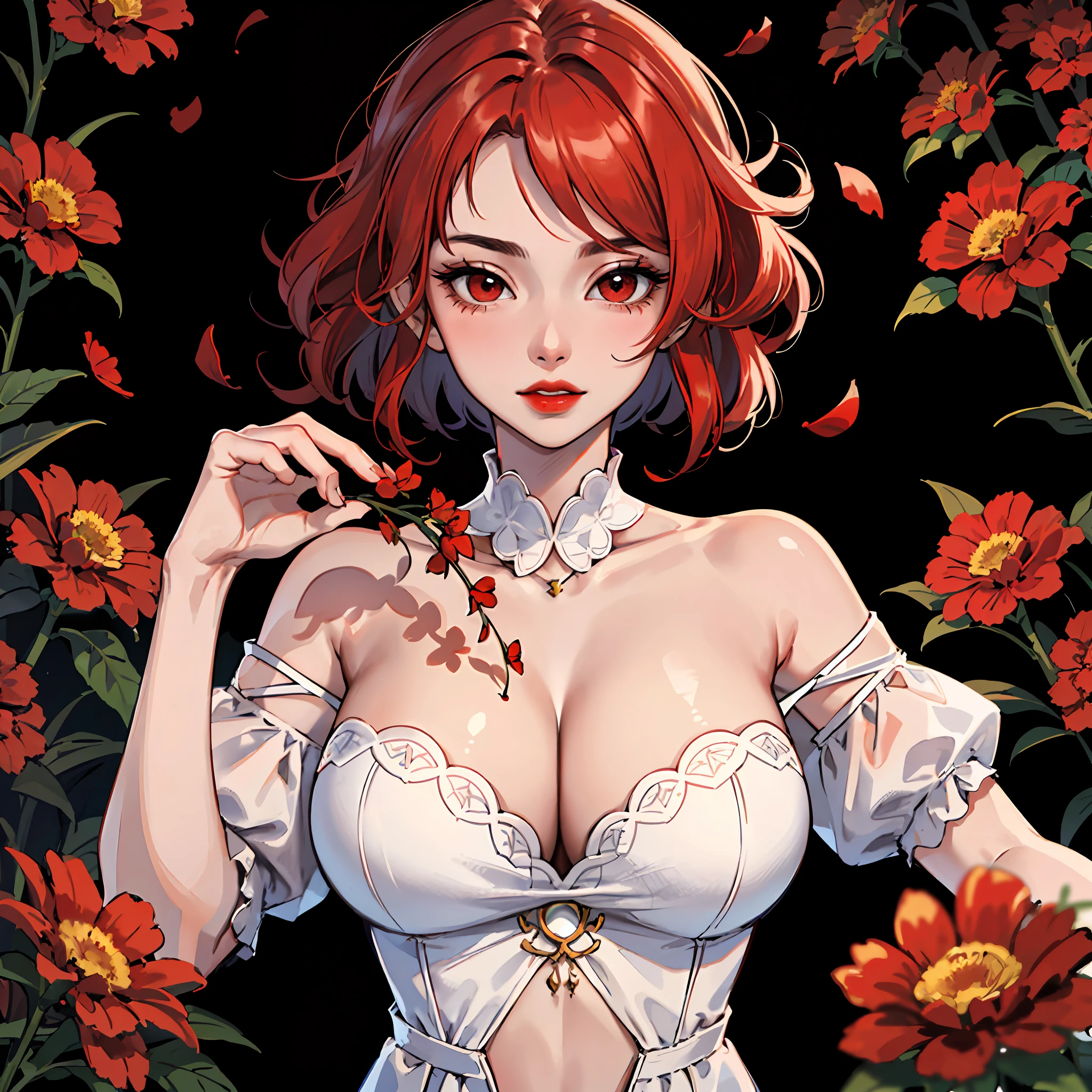 (masterpiece:1.2, best quality), 1milf, white dress, open clothes, (red flowers:1.3), laying, white, red hair, red eyes, mature, big tits, sexy, upper body, closeup face, red lips, tube top, press breast,