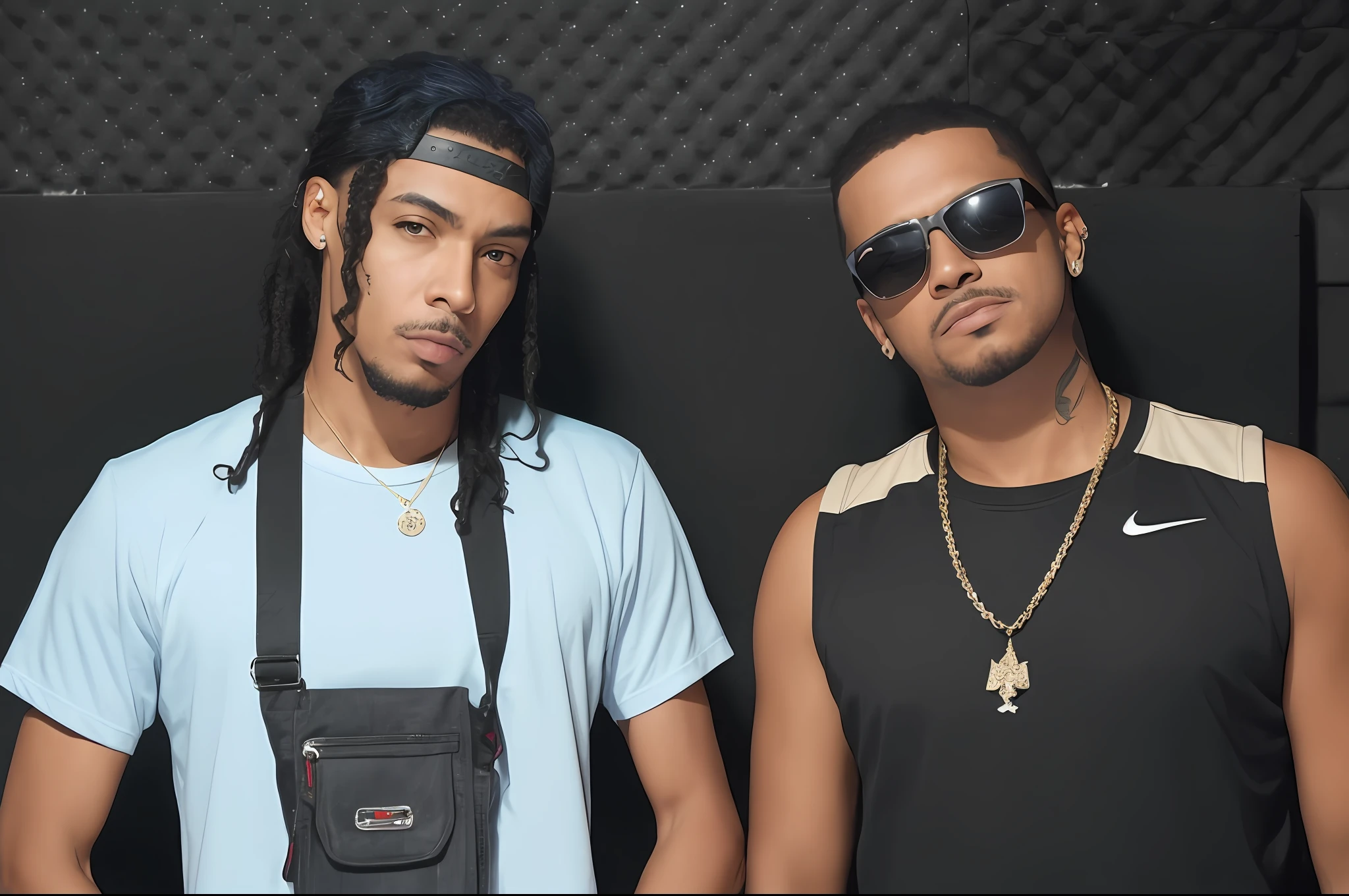 two men in sunglasses and a blue shirt are standing next to each other, taken in the early 2020s, 2 rappers no palco do show, Devagar, ney matogrosso with malice, vocalistas de apoio, Artistas, imagem retrato, com octanagem, Porto Rico, r&B, new song, videoclipe, pimps, arte oficial