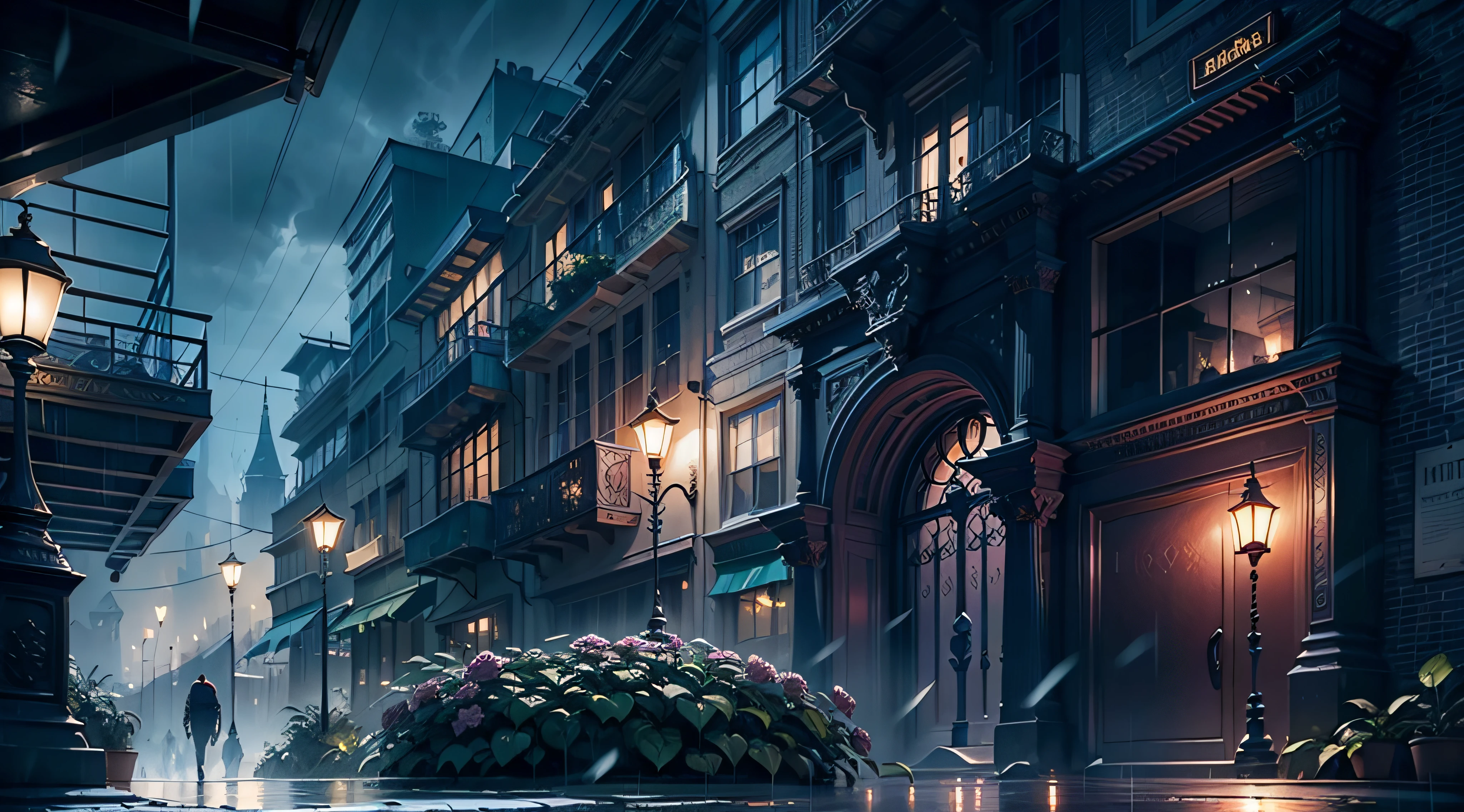 Rain in the city at night, masterpiece, watercolors, detailed matte painting, deep color, fantastical, intricate detail, splash screen, complementary colors, fantasy concept art, 16k resolution trending on Artstation Unreal Engine 5, colorful