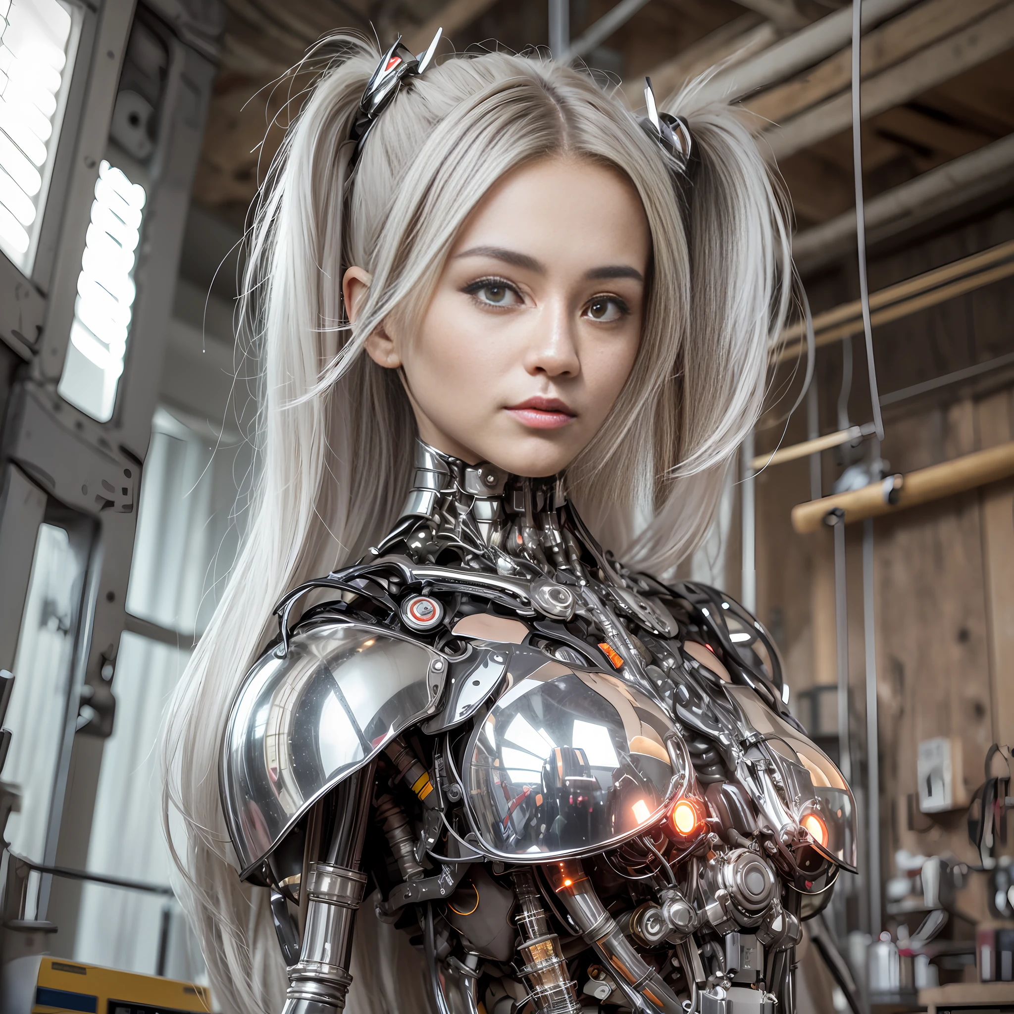 Beautiful Face,face is Japan, 1 Woman, Big, Curvaceous, (16k, RAW photo, top quality, masterpiece: 1.2), (HDR, Realistic, Photorealistic: 1.37) (tube attached to the body), (Bikini Cyborg robot parts)))), (light gray hair), Long hair, Wavy hair, Twin tails, Medium shot, ( Seductive smile)), (black eyes), double eyelids, princess cut, from below, (whole body),posing,,in the lab,( tube connected to blood vessel),((mechanical vertebrae attached to the back)),((mechanical neck attached to the neck)),(wire and cable attached to head and body),(character focus),science fiction,perfect female figure,perfect anatomy, hyperanatomy, full body shot, relationship between up to 4 fingers and 1 thumb, spherical joint,
