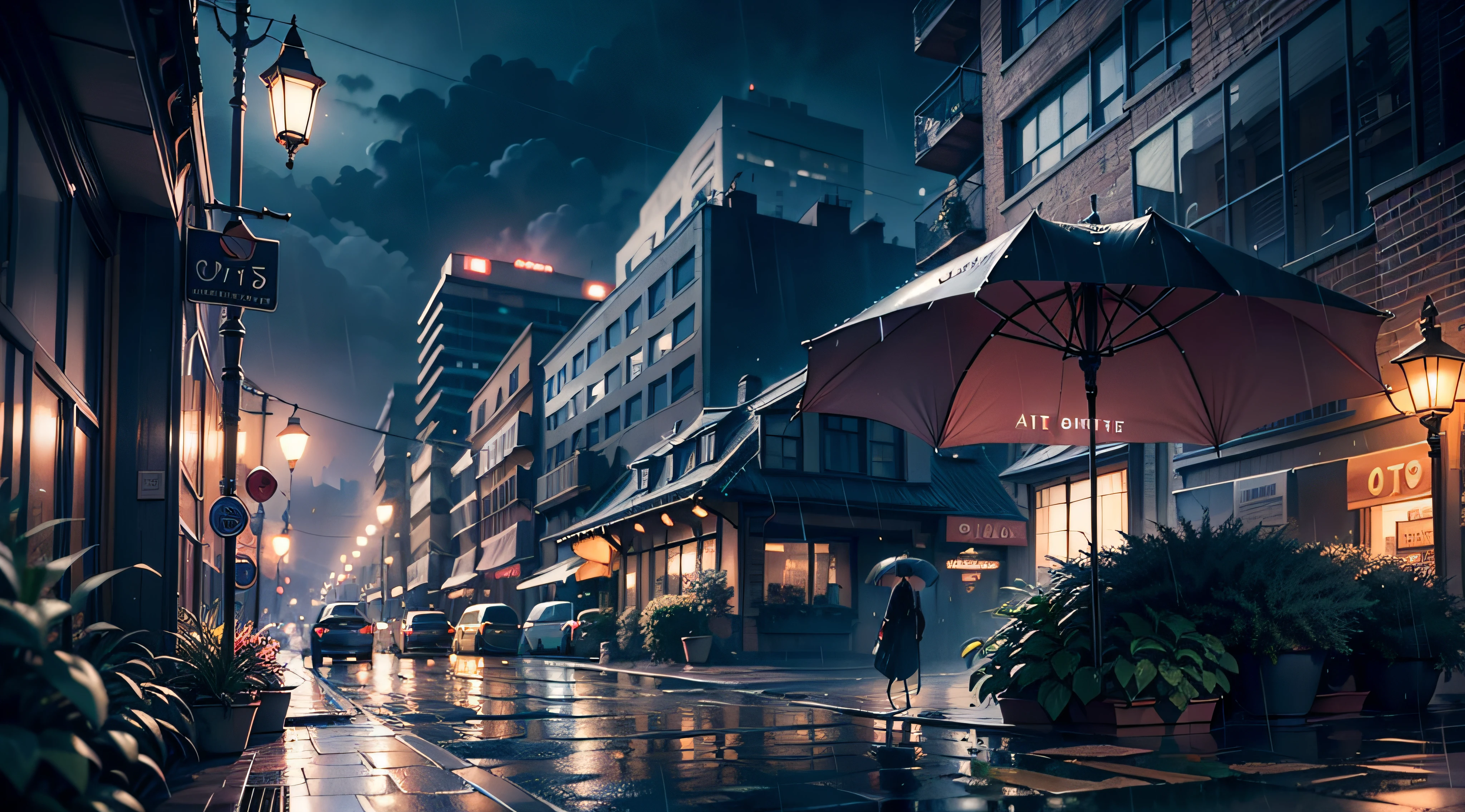 Rain in the city at night, masterpiece, watercolors, detailed matte painting, deep color, fantastical, intricate detail, splash screen, complementary colors, fantasy concept art, 16k resolution trending on Artstation Unreal Engine 5, colorful