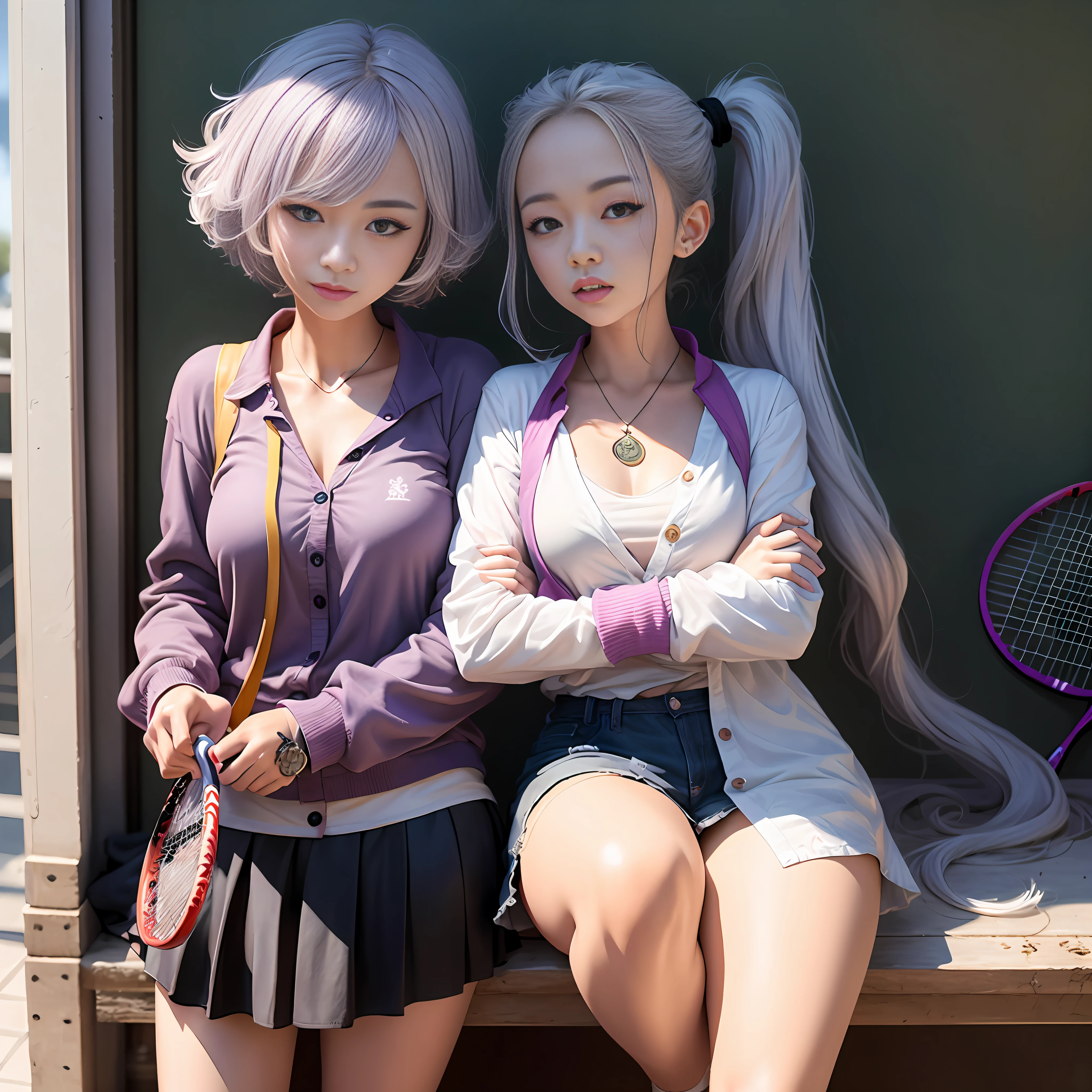 they are two girls sitting on a bench with tennis rackets, loish and ross tran, artwork in the style of guweiz, realistic anime 3 d style, kda and sam yang, two beautiful anime girls, anime realism style, realistic anime art style, ross tran and bayard wu, realistic anime artstyle, ross tran and ilya kuvshinov --auto