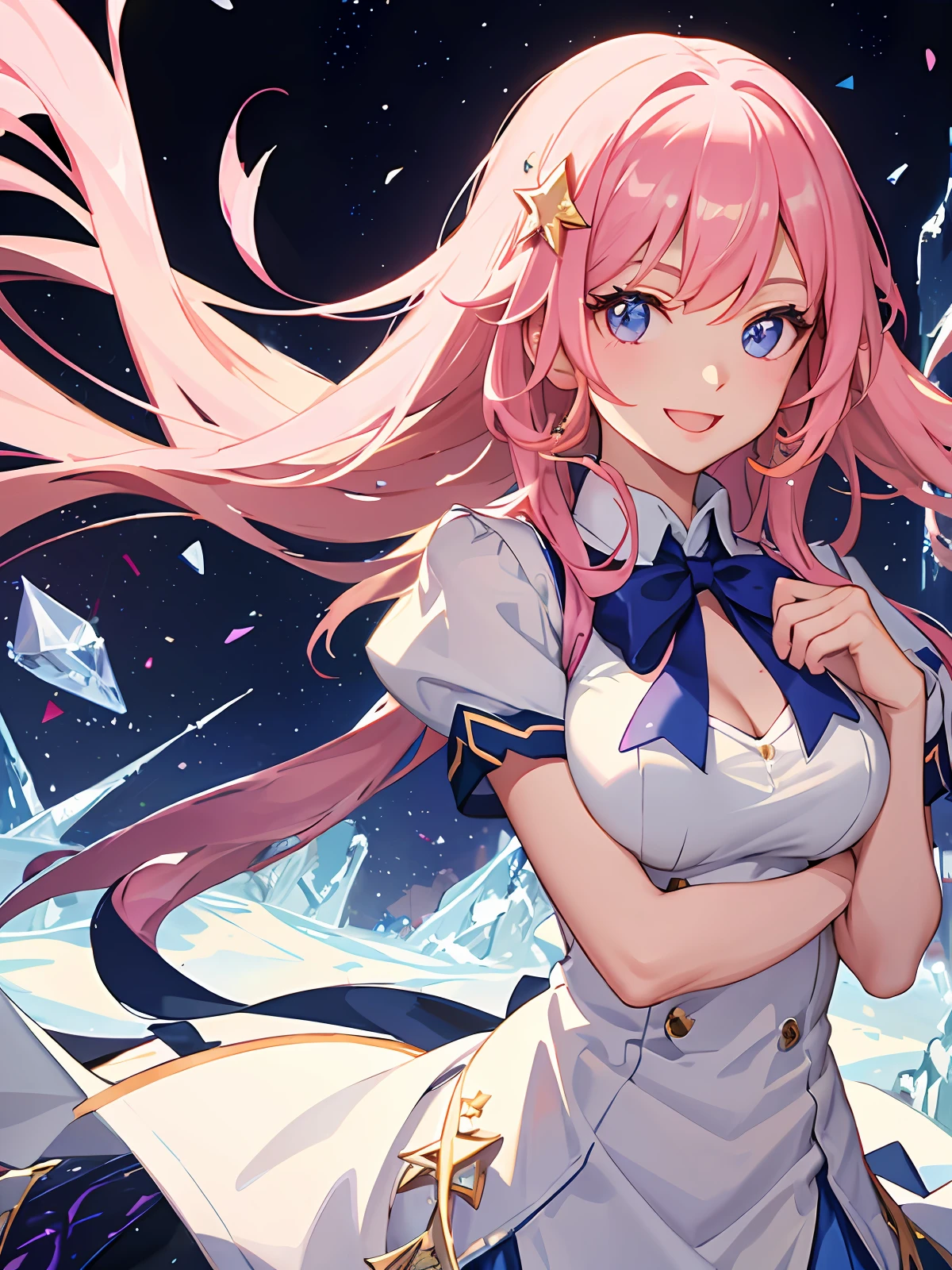 chest out, absurdres, superfine illustration,rainboweffect, highres, ultra detailed,light diffusion,highly detailed light reflection, kaleidoscope, harmonious, best shadow, highly detailed very beautiful big smile face, ;D, beautiful growing crystal diamond star pupil,look at viewer, beautiful detailed hair, solo, dynamic pose, beautiful detailed pink and black ribon, beautiful detailed High school uniform, Fantastic and the whole shines and shooting star and the wind is strong in detail background
