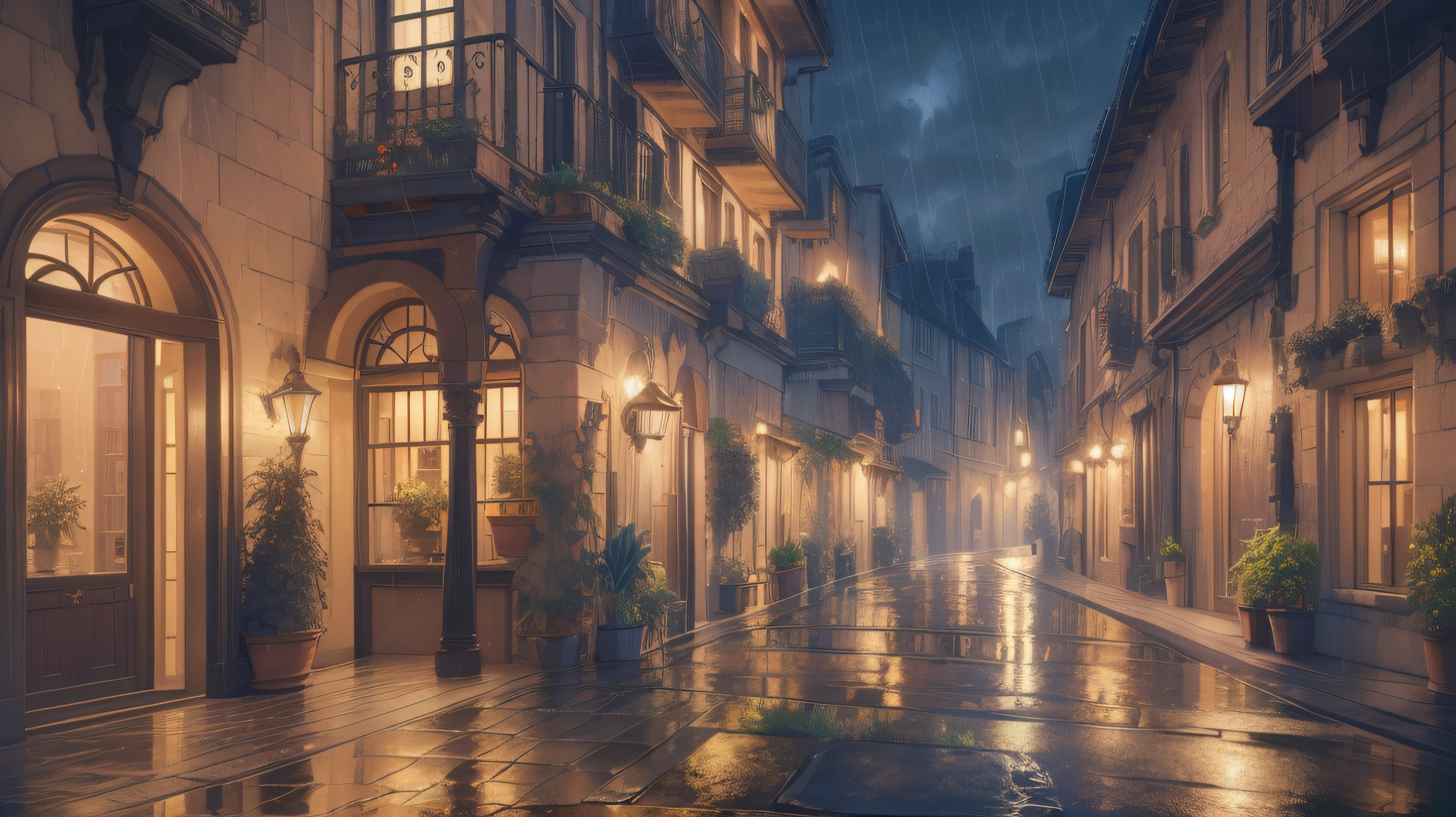 Rain in the city at night, masterpiece, watercolors, detailed matte painting, deep color, fantastical, intricate detail, splash screen, complementary colors, fantasy concept art, 16k resolution trending on Artstation Unreal Engine 5, colorful