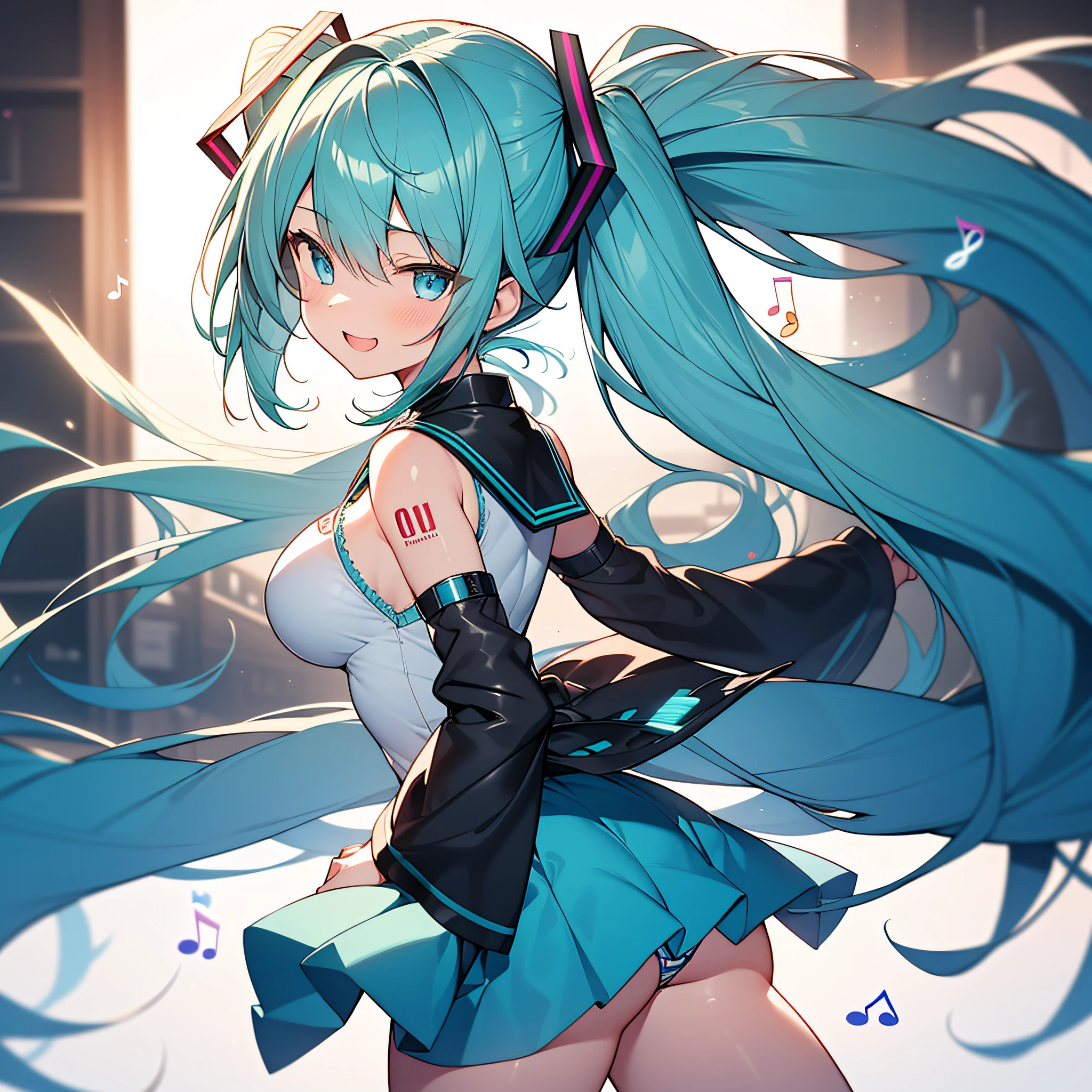 (masterpiece, best quality, 8k wallpaper:1.2), ultra detailed, absurdres, highres, 1girl, looking at viewer,( hatune miku:1.3), happy, white , (laugh:1.1), long twintail, blue green hair, dancing, silky skin, beautiful eyes, focus on eyes, long hair flowing with the wind, beautiful smile line, big blue eyes, shiny hair, (surrounded by heavy floating musical note flow:1.3), on the stage, showing glossy texture pale-light-green striped hip shirring panties, from side behind, large breasts, double breasts, under bust, thigh up