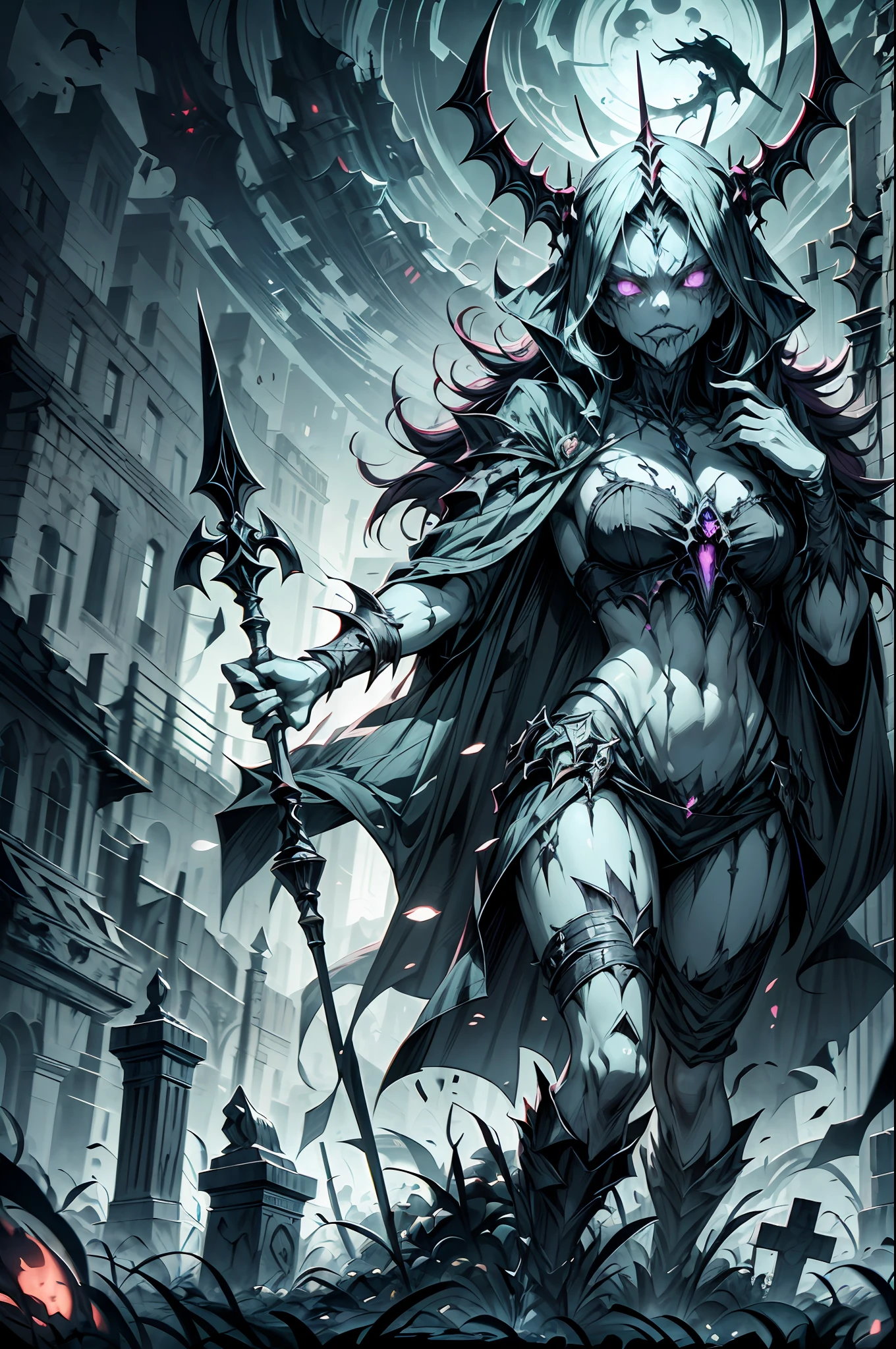 The image depicts a haunting and ominous scene, set in a graveyard at the dead of night. In the center of the image stands a handsome and charismatic necromancer, his dark robes billowing in the wind as he summons forth a horde of undead creatures from their resting places.
BREAK 
His presence is magnetic, with piercing eyes and a cool demeanor that belies his sinister powers. In his hands, he wields a staff crackling with dark energy, which he uses to channel his necromantic magic and awaken the dead.
BREAK 
The surrounding environment is equally eerie, with tombstones and mausoleums dotting the landscape, casting deep shadows and adding to the sense of foreboding. BREAK The undead creatures that the necromancer summons are grotesque and twisted, their eyes glowing with an unholy energy and their limbs contorting in unnatural ways as they shamble out of their graves.
BREAK 
The colors used in the image are dark and moody, with deep blues and purples that convey a sense of mystery and danger. The details of the necromancer and the undead are finely crafted, with intricate textures and lifelike expressions that capture the essence of the macabre and the supernatural.
BREAK 
It is an image that leaves the viewer on edge, wondering what dark forces are being unleashed in the graveyard, and what horrors may come of it.