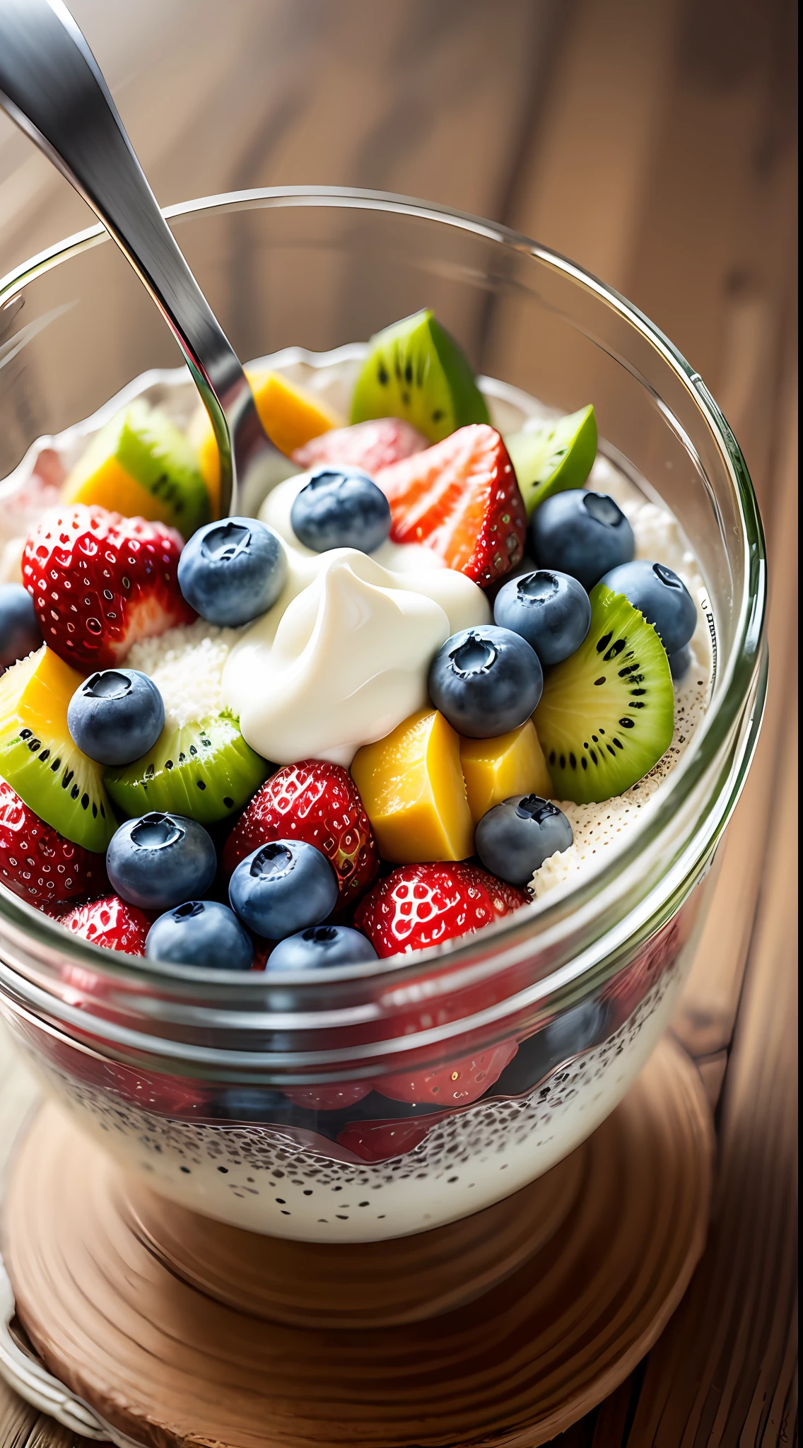 2 tablespoons chia seeds 1 cup milk (can be cow's milk, vegetable milk or yogurt) 1 tablespoon honey or other sweetener of your choice 1 teaspoon vanilla extract (optional) Chopped fresh fruits (For example, strawberries, kiwi, mango, blueberries, etc.) for topping --auto --s2