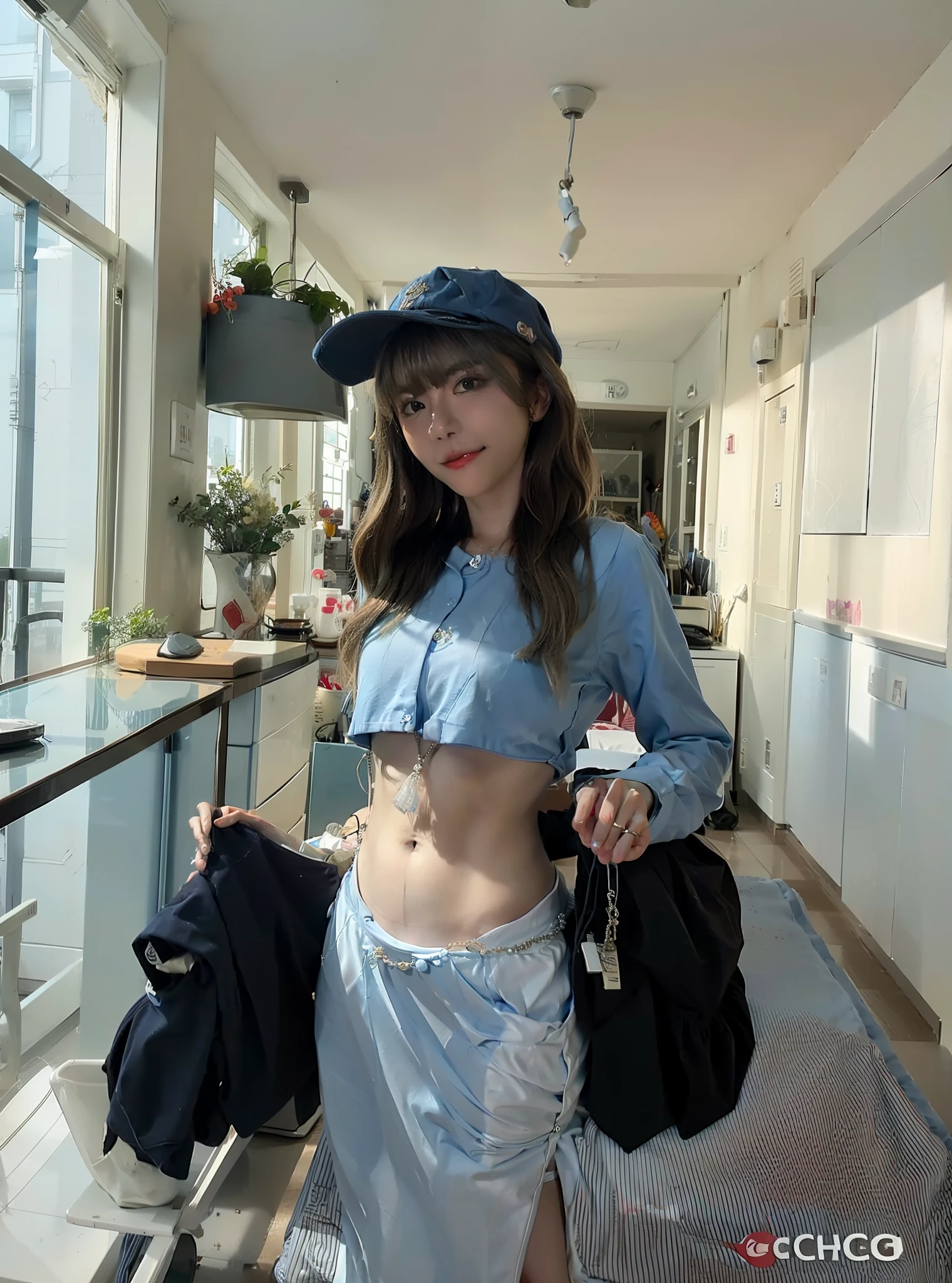 araffe woman in a blue shirt and white skirt posing for a picture, gorgeous korean young woman, Korean girl, korean women's fashion model, Attractive pose, taken with canon eos 5 d mark iv, dressed with long fluent clothes, beautiful Korean young women, taken with canon 5d mk4, Casual pose, Urzan, Casual clothes,realperson