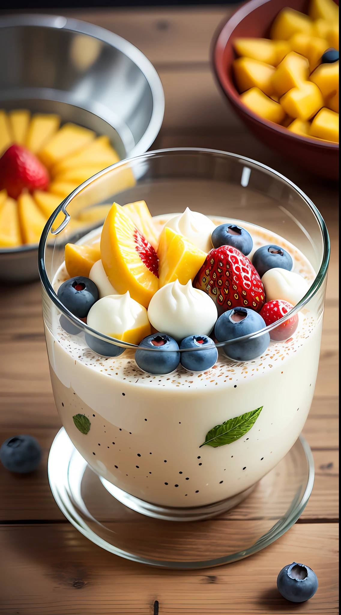 2 tablespoons chia seeds 1 cup milk (can be cow's milk, vegetable milk or yogurt) 1 tablespoon honey or other sweetener of your choice 1 teaspoon vanilla extract (optional) Chopped fresh fruits (For example, strawberries, kiwi, mango, blueberries, etc.) for topping --auto --s2