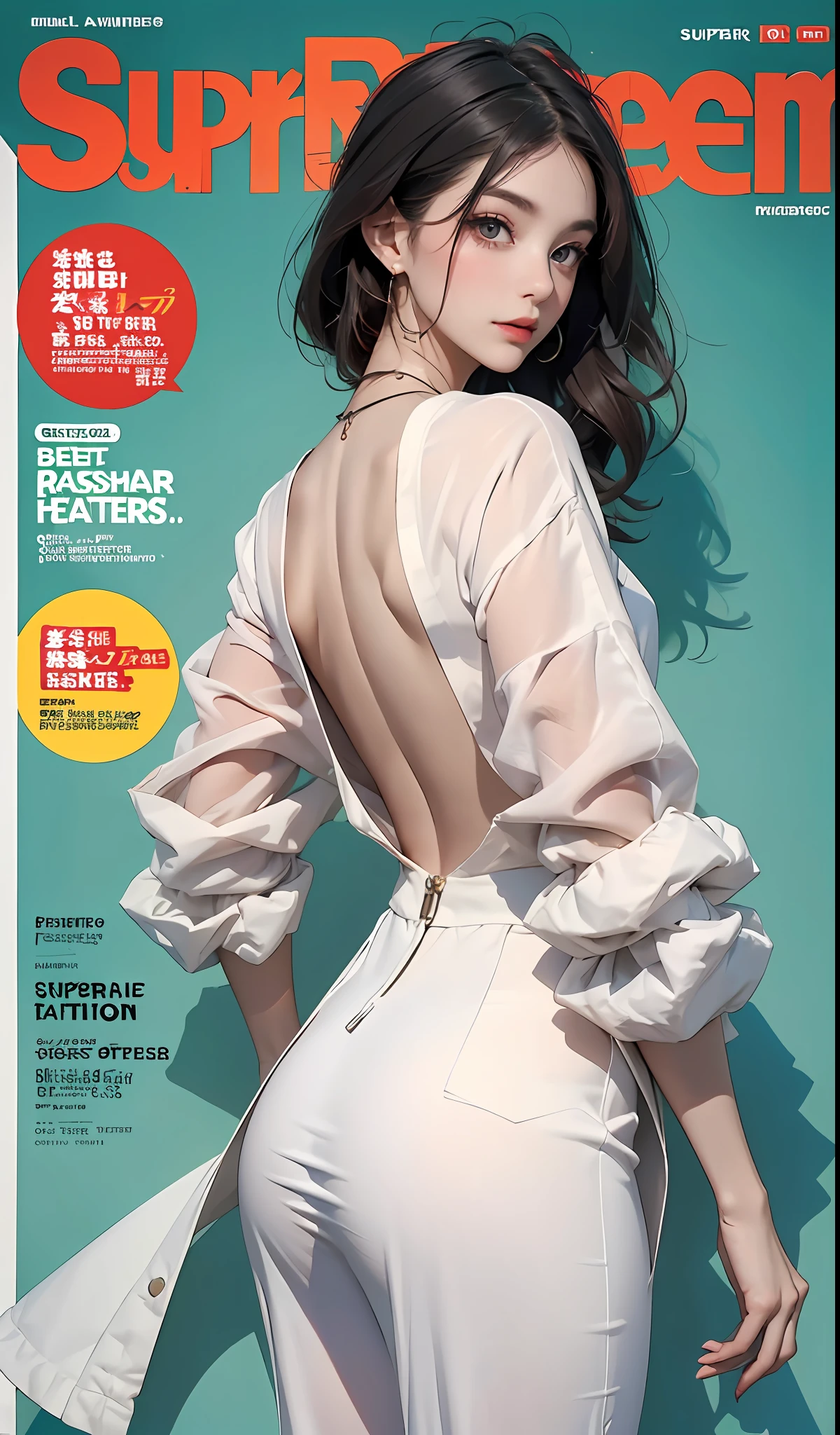 Best quality, Master, high resolucion,A girl with, Super beautiful face, super beautiful eye, Super beautiful hair，Magazine covers，Trendy outfits，body complet，Backshot