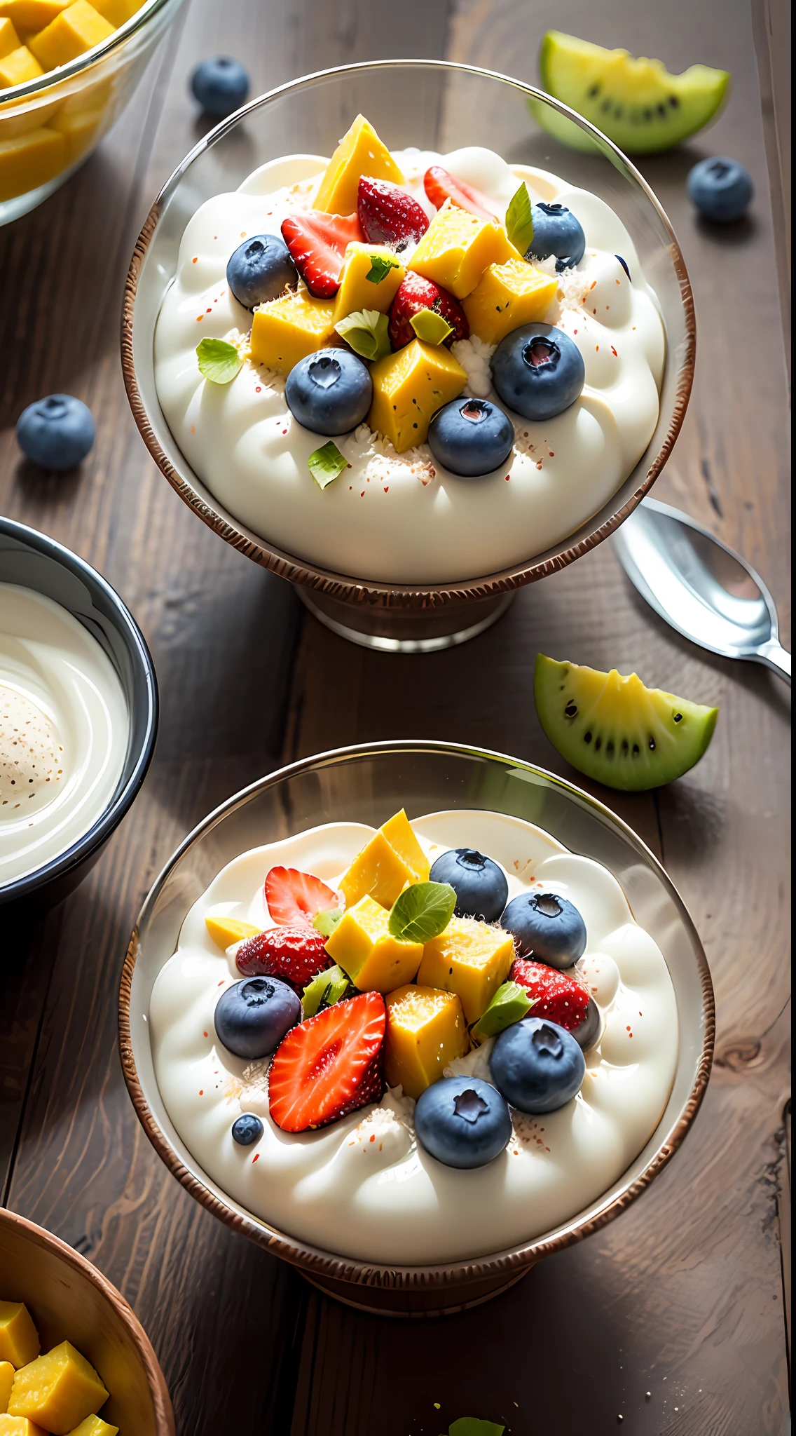 2 tablespoons chia seeds 1 cup milk (can be cow's milk, vegetable milk or yogurt) 1 tablespoon honey or other sweetener of your choice 1 teaspoon vanilla extract (optional) Chopped fresh fruits (For example, strawberries, kiwi, mango, blueberries, etc.) for topping --auto --s2