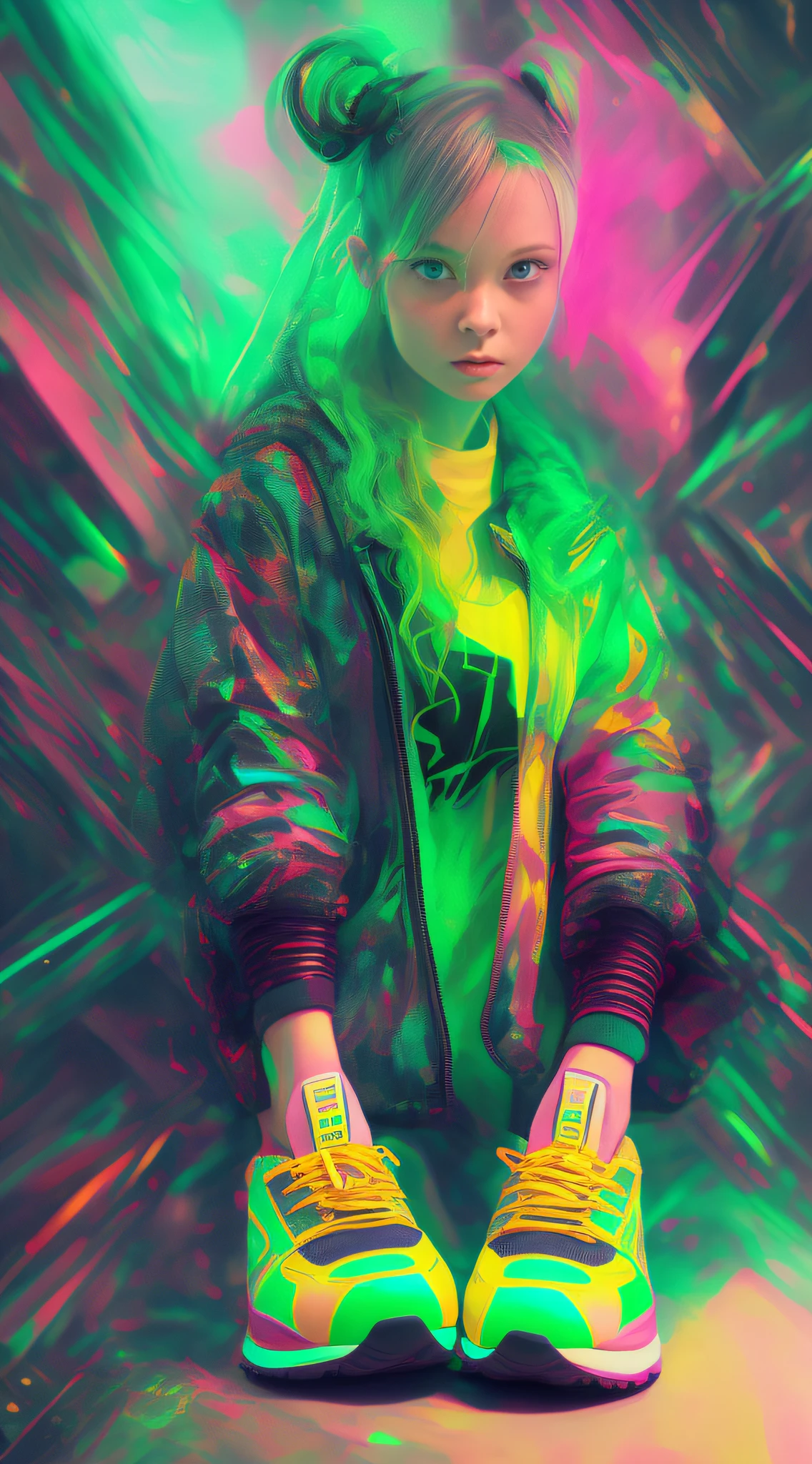 Cyberpunk Girl wearing a phosphorescent yellow green clothes and sneakers