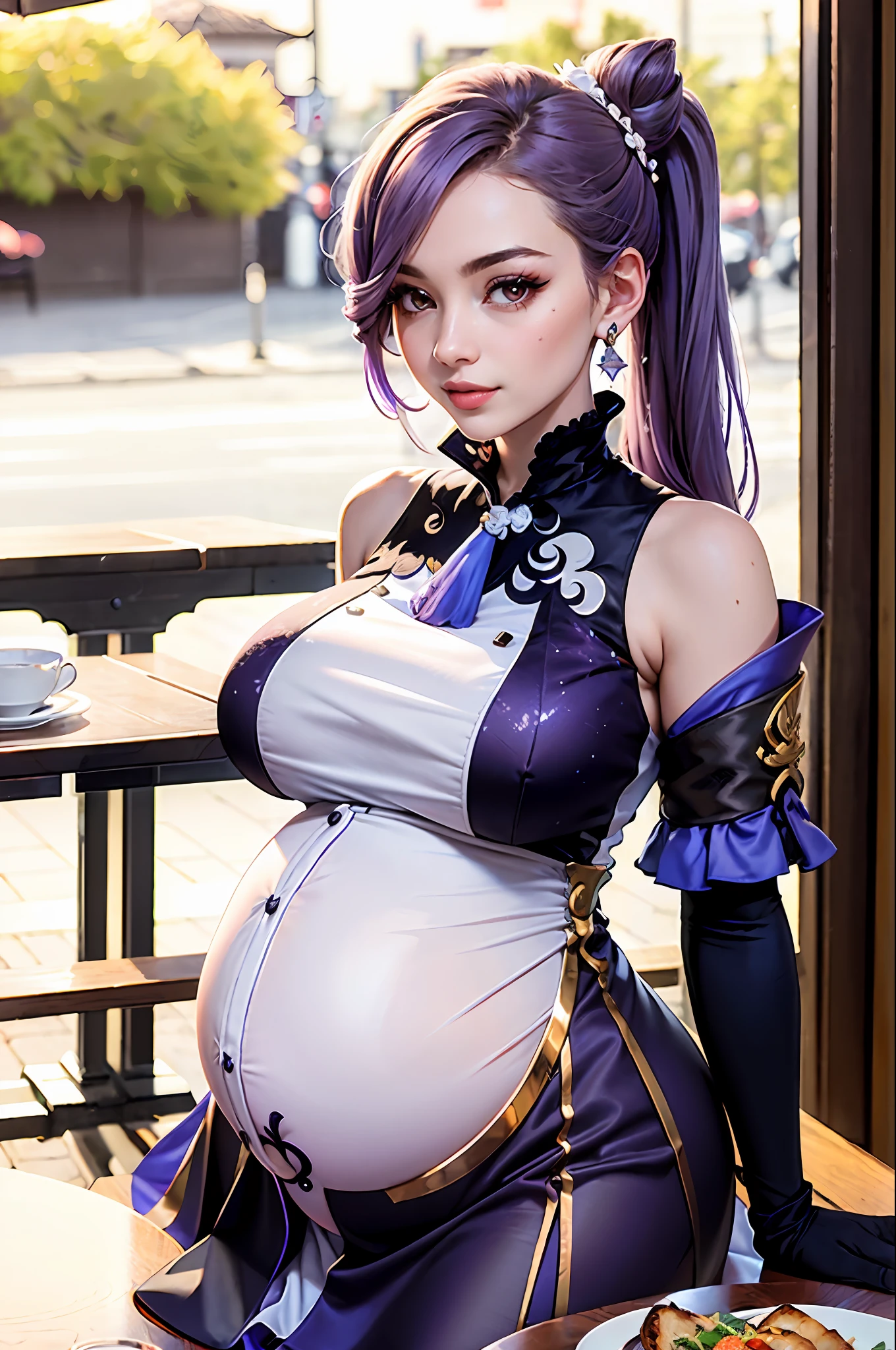 (photorealistic, pov across table:1, table, solo,  masterpiece, top quality, best quality, 1 woman), restaurant, food, cafe, smile, flirting,  keqing (piercing thunderbolt) (genshin impact), keqing (genshin impact), pantyhose, hair bun, purple hair, gloves, twintails, long hair, purple eyes, diamond-shaped pupils, bare shoulders, hair ornament, black pantyhose, cone hair bun, detached sleeves, dress, jewelry, medium breasts, earrings, bangs, frills, purple dress, black gloves, braid, skirt, Huge Baby Bump Pregnancy Belly, Huge Pregnancy girl
