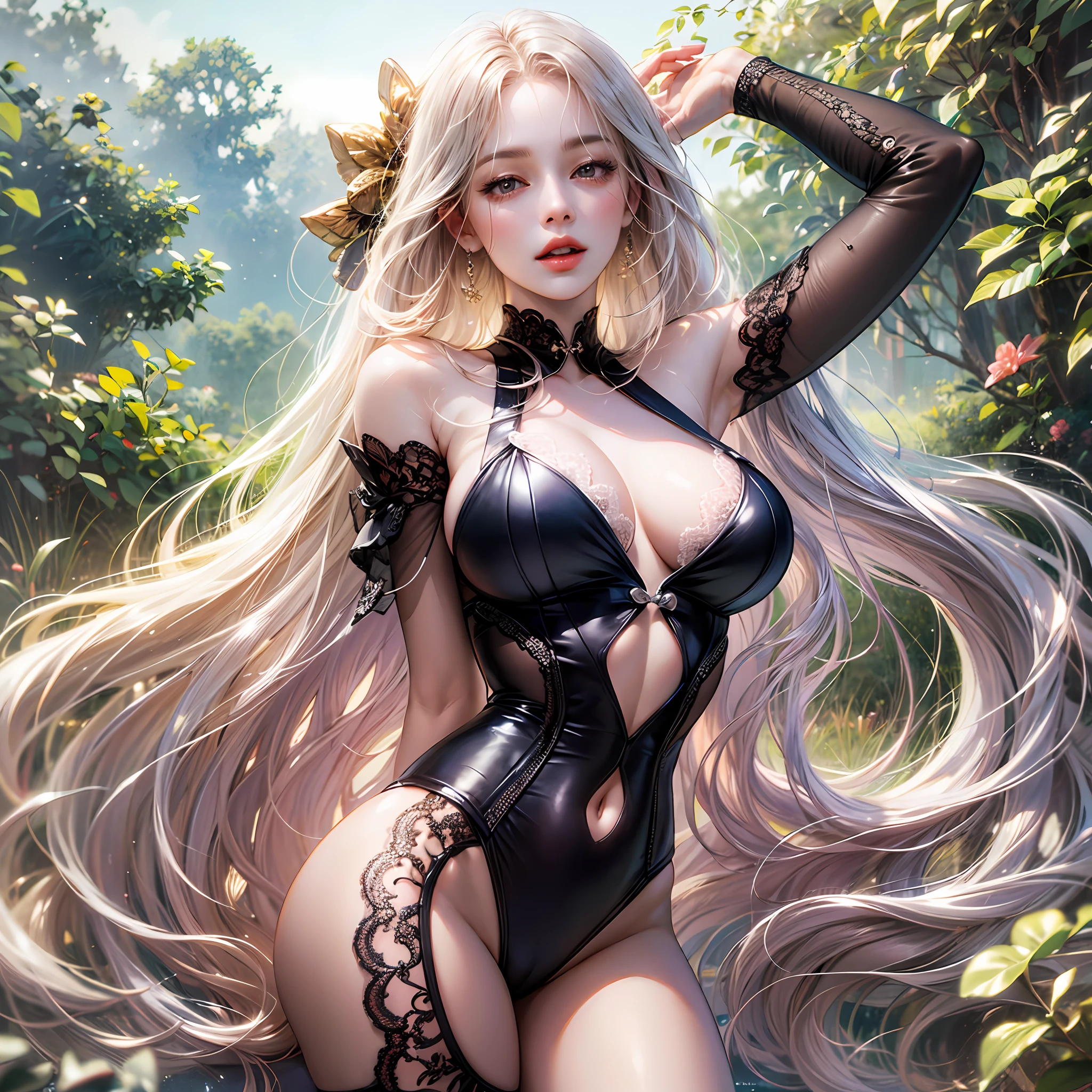 Solo, High Resolution, Best Quality, very high image quality, ultra hyper-detailed, ultra realisitic, photographrealistic, super beautiful woman, left and right split legs, yoga, Stretch, unkempt white long hair, Huge breasts, great proportion, Anime, Illustration, Portrait
