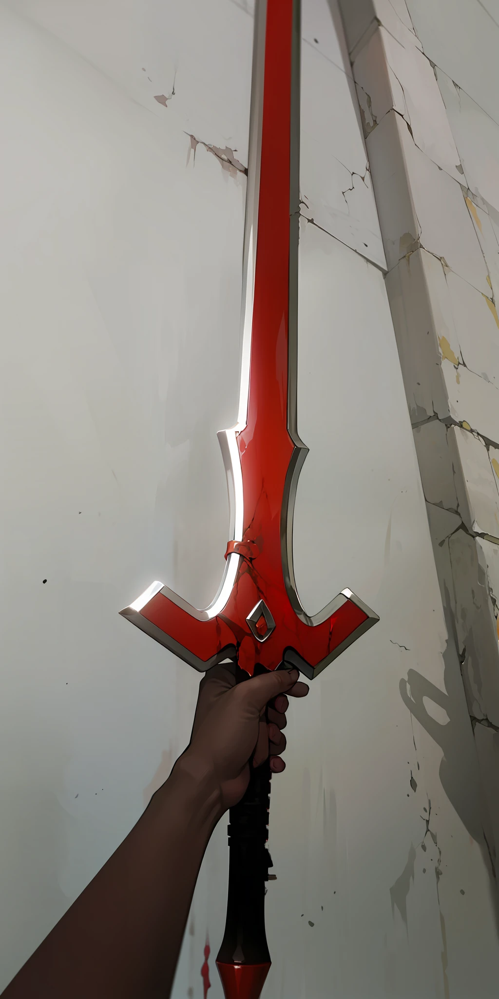 Brown hand, segurando uma espada vermelha ,feita de sangue,parede de castelo