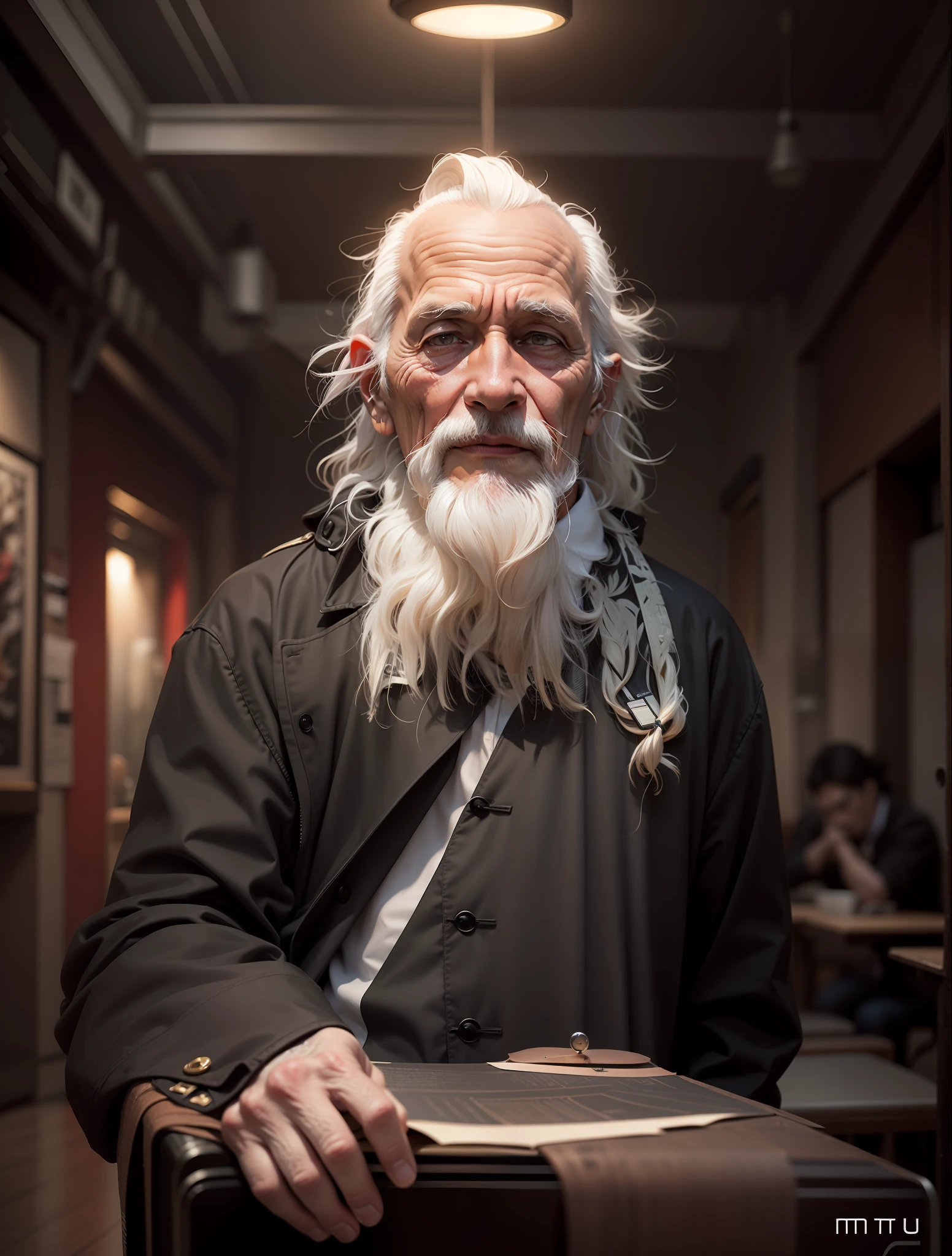An old man of artists,mtu,Club hair,Frontal indoor environment,Black coat,2.5D --auto