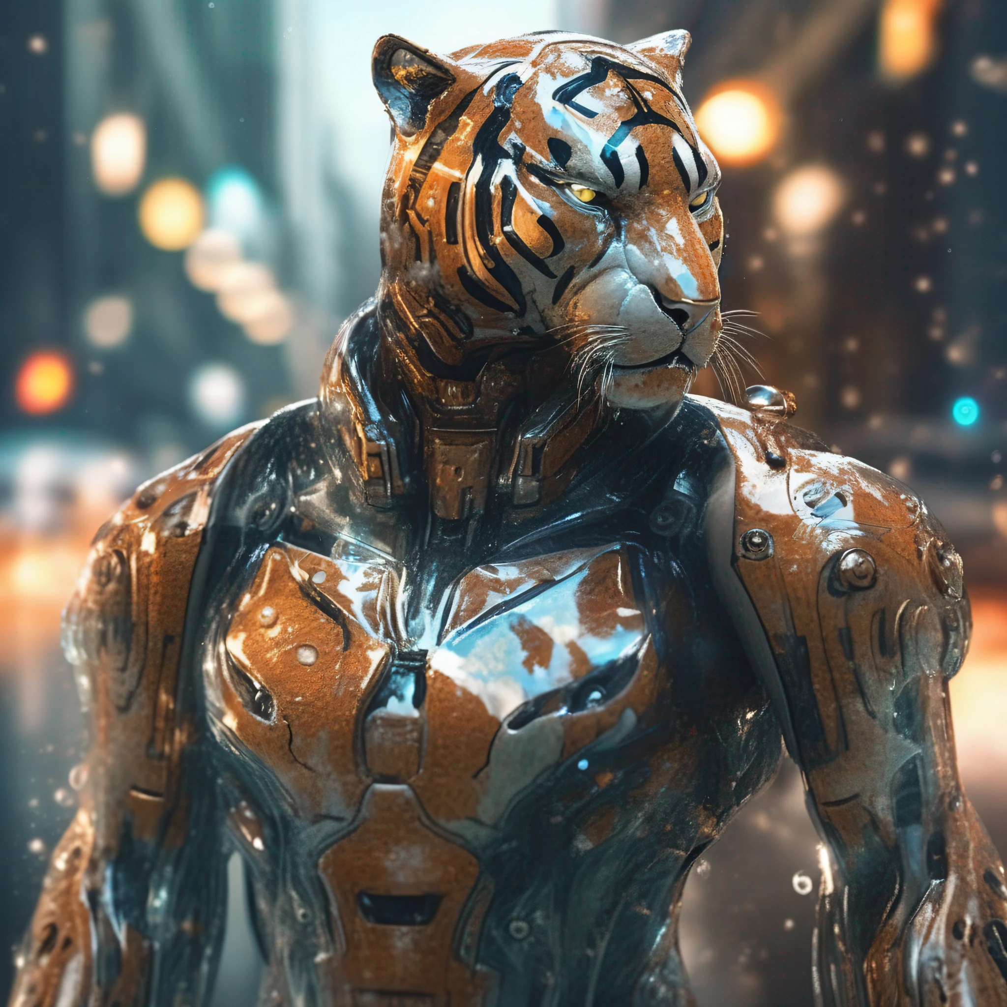 Portrait photo of transparent camouflage wearing mech suit，（（Light bokeh）），sophistication，（（semi transparent）Liquid water [Rust]），elegantly，Clear focus，Photo by Greg Rutkowski，subdued lighting，Bright color，nmasterpiece，（（Streets） )), Detailed tiger，Future Tiger Warrior
