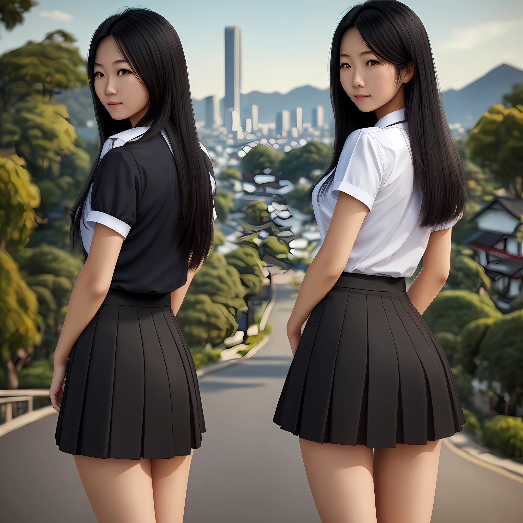 realistic, High definition, very detailed, woman, asian pattern, 18 years old, smooth skin with, long black hair, school uniform, mini-skirt, back to photo, showing part of her panties, looking back, seductive look, landscape city of tokito --auto
