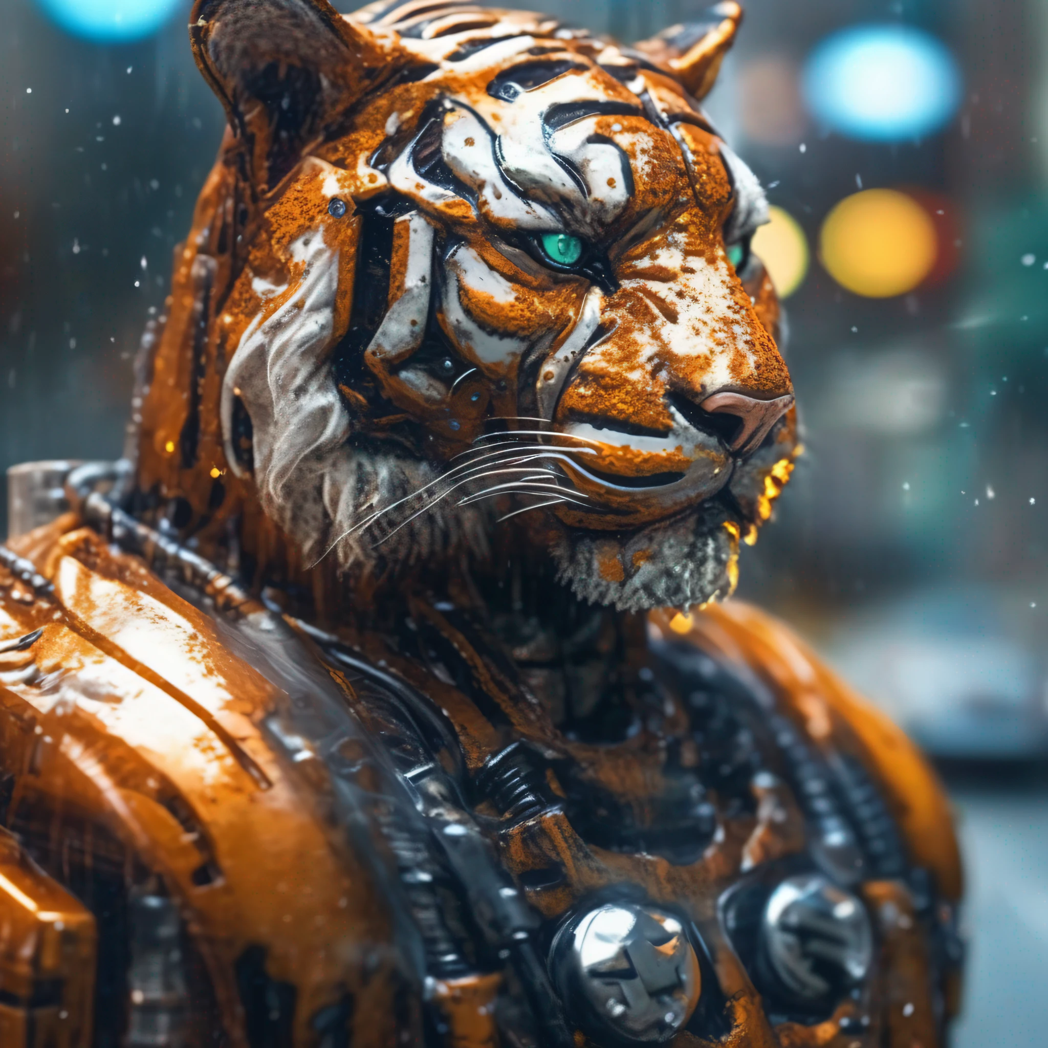 Portrait photo of transparent camouflage wearing mech suit，（（Light bokeh）），intrikate，（（semi transparent）Liquid water [Rust]），elegantly，Clear focus，Photo by Greg Rutkowski，gentlesoftlighting，Bright color，nmasterpiece，（（Streets） )), Detailed tiger，Future Tiger Warrior