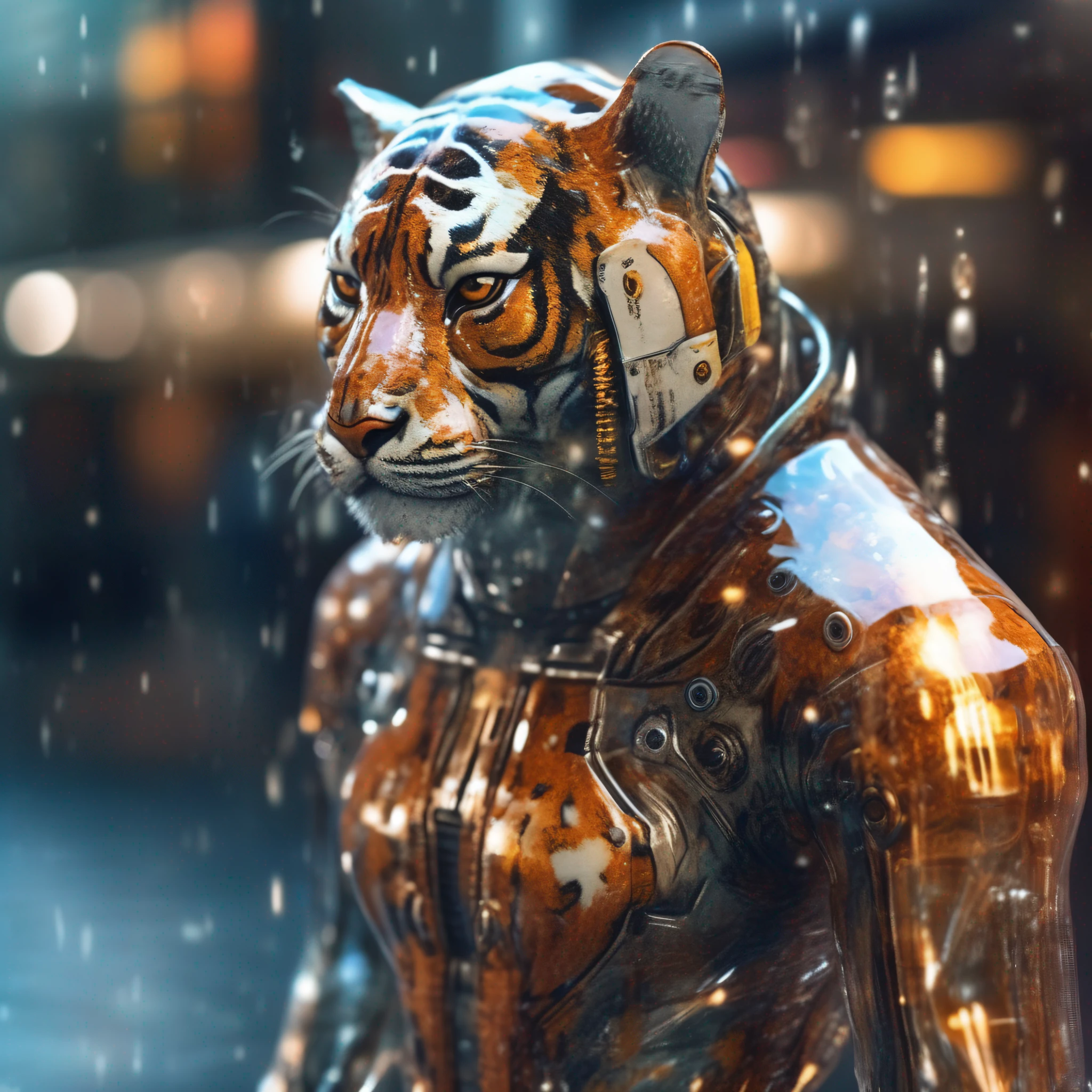 Portrait photo of transparent camouflage wearing mech suit，（（Light bokeh）），intrikate，（（semi transparent）Liquid water [Rust]），elegantly，Clear focus，Photo by Greg Rutkowski，gentlesoftlighting，Bright color，nmasterpiece，（（Streets） )), Detailed tiger，Future Tiger Warrior