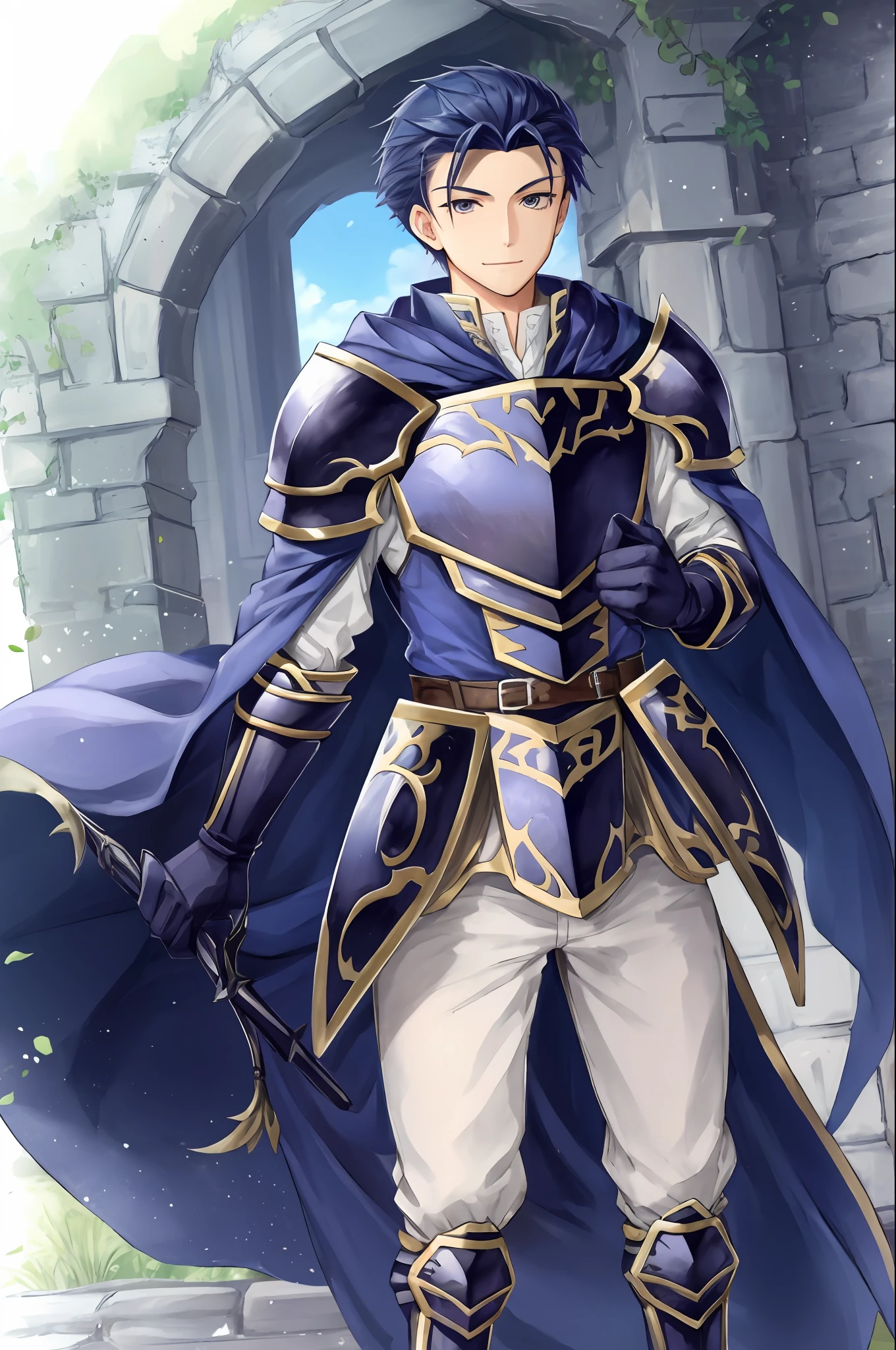 Hector Fey， 独奏， looking ath the viewer， smil， mitts， 1boy， Male focus，Tentacles wrapped around thighs， cloaks， armour， Shoulder armor， Castle view