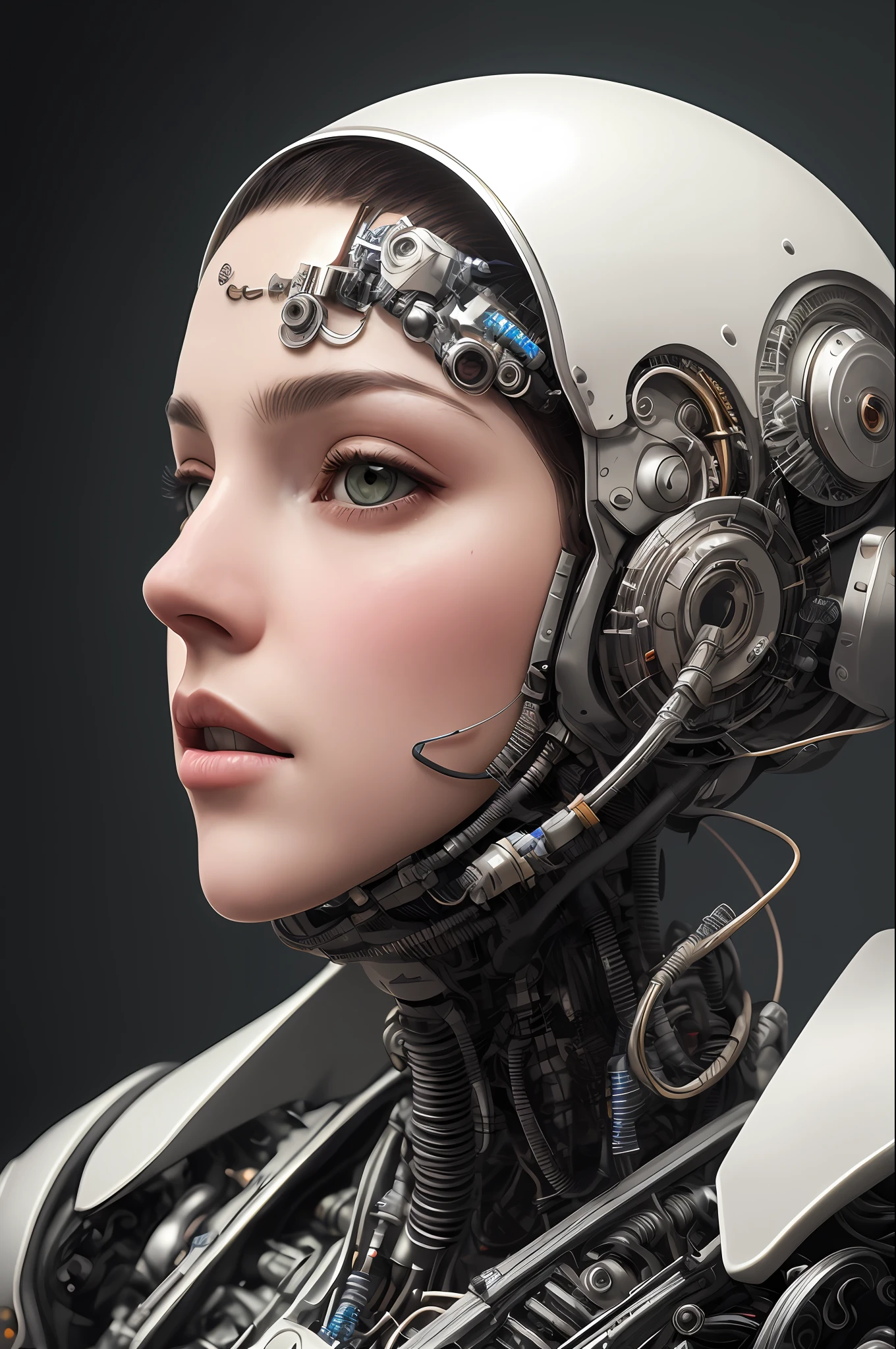 complex 3d render ultra detailed of a beautiful porcelain profile woman android face, cyborg, robotic parts, 150 mm, beautiful studio soft light, rim light, vibrant details, luxurious cyberpunk, lace, hyperrealistic, anatomical, facial muscles, cable electric wires, microchip, elegant, beautiful background, octane render, H. R. Giger style, 8k, best quality, masterpiece, illustration, an extremely delicate and beautiful, extremely detailed ,CG ,unity ,wallpaper, (realistic, photo-realistic:1.37),Amazing, finely detail, masterpiece,best quality,official art, extremely detailed CG unity 8k wallpaper, absurdres, incredibly absurdres,  robot, silver halmet, full body, sitting