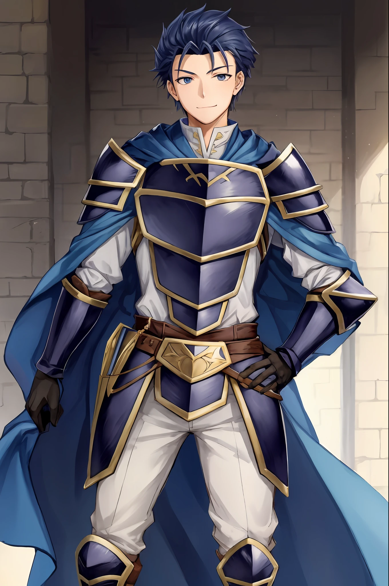 Hector Fey， 独奏， looking ath the viewer， smil， mitts， 1boy， Male focus，Tentacles wrapped around thighs， cloaks， armour， Shoulder armor， Castle view