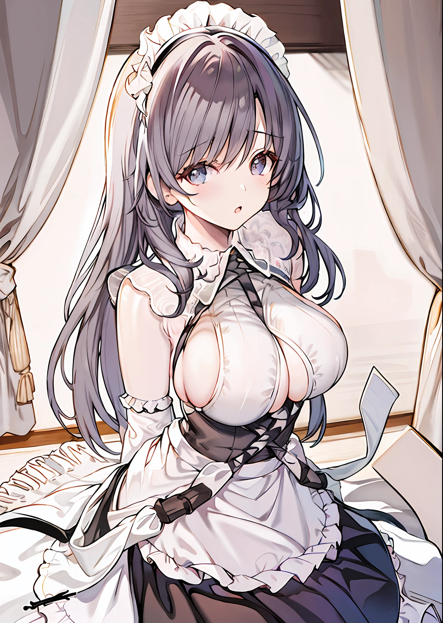 charybdis\(azur lane\), \(origen\), enmaided,indoors,cowboy shot, arms behind back, masterpiece, best quality, extremely detailed face, sharp details, high contrast,