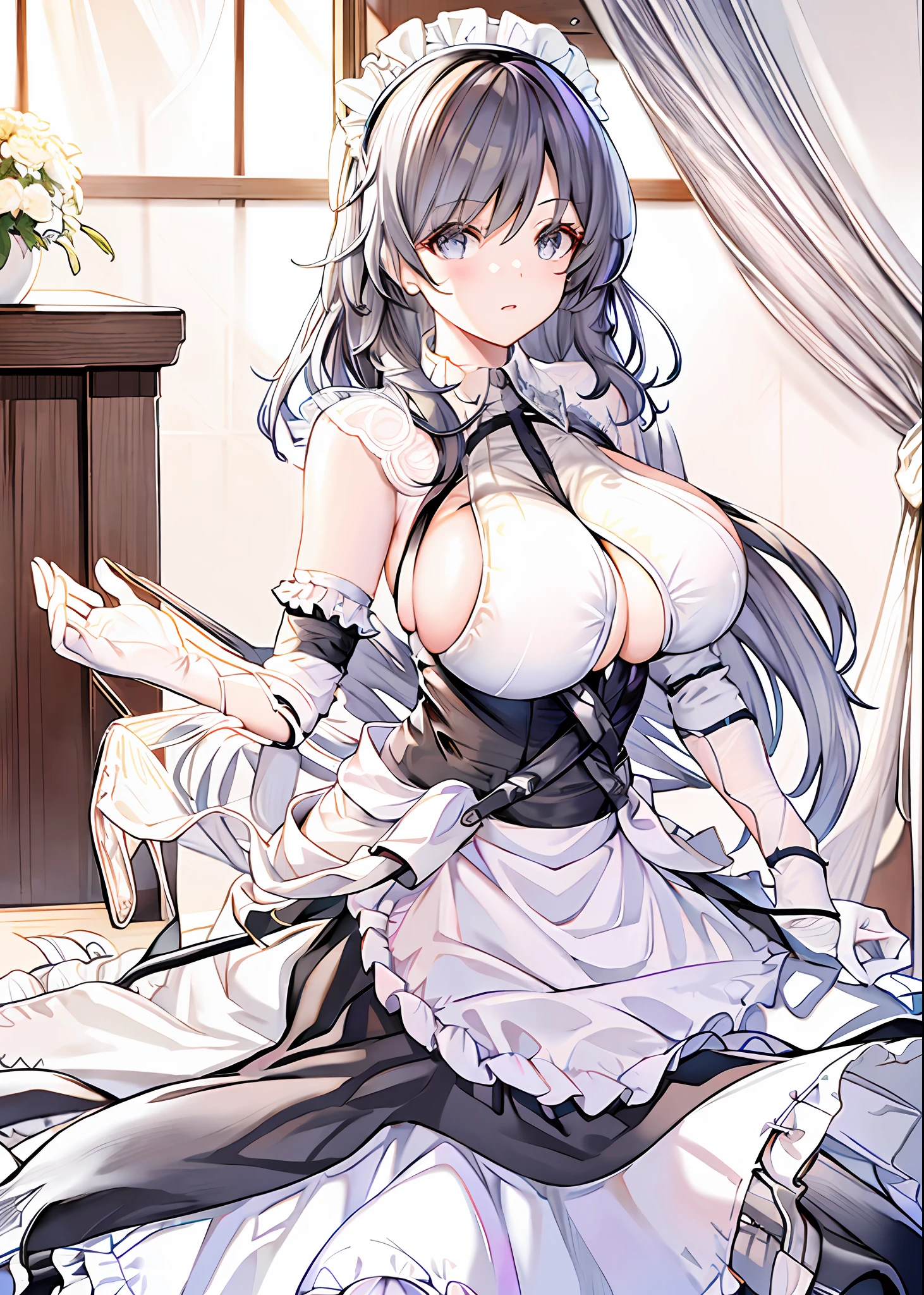 charybdis\(azur lane\), \(origen\), enmaided,indoors,cowboy shot, arms behind back, masterpiece, best quality, extremely detailed face, sharp details, high contrast,