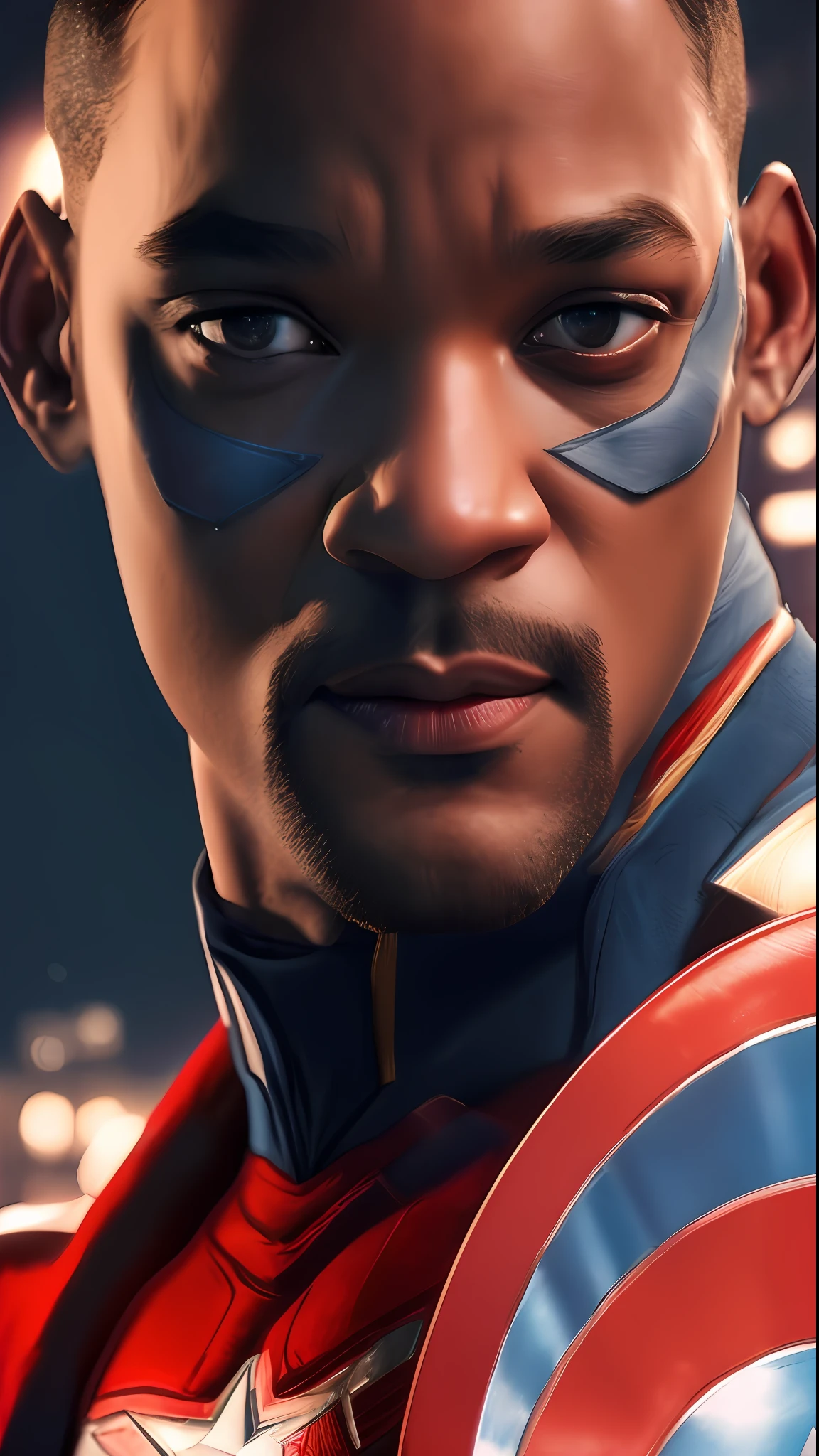. Tarantino style Will Smith as Captain America 8k, high definition, detailed face, detailed face, detailed eyes, detailed suit, in style of marvel and dc, hyper-realistic, + cinematic shot + dynamic composition, incredibly detailed, sharpen, details + superb details + evening with light + perfectionism + award winning realism ((moody lighting))