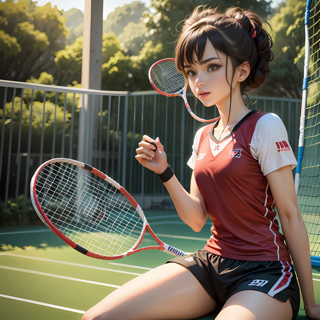 A young anime girl with long, flowing pink hair is playing tennis on a sunny day. She is wearing a white tennis skirt and a pink tennis shirt. She is smiling as she serves the ball, and her eyes are focused on the court. The ball flies through the air, and the girl hits it with a powerful forehand. The ball sails over the net and lands in the opponent's court. The opponent looks surprised, but she quickly recovers and returns the ball. The two girls continue to play, trading shots back and forth. The girl in pink is clearly winning, but the opponent is not giving up. The match is close, and the outcome is still uncertain.