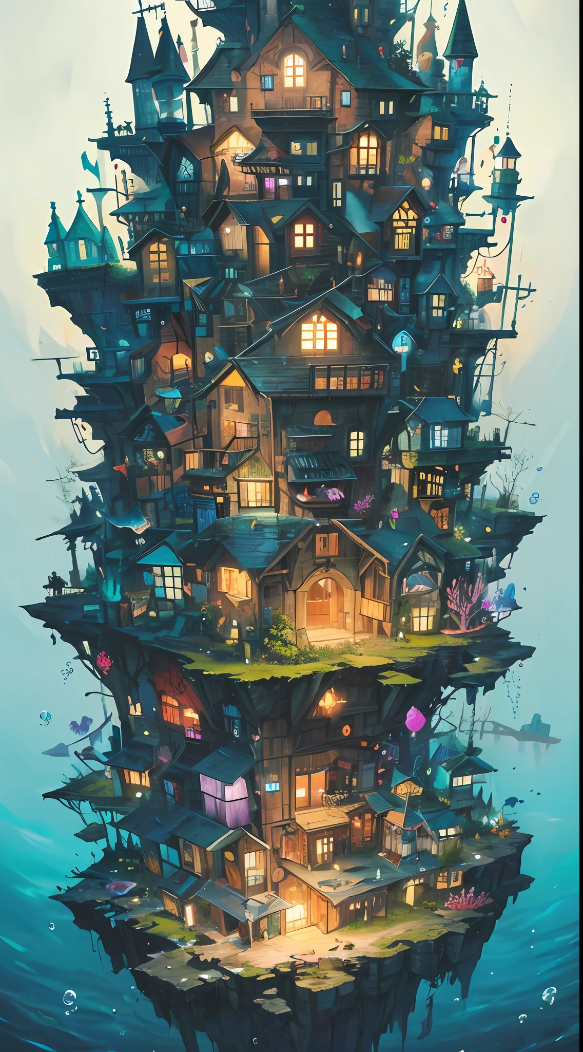 Colors (Fantasy: 1.2), (Miyazaki Hayao Style), (Irregular Buildings Floating Under the Sea), Patchwork Houses, Moss Decoration, Coral, Lights, Concept Art Inspired by Andreas Rocha, Artstation Competition Winner, Fantasy Art, (Cyberpunk Underwater City), Rosteland, Optical Axis, Realistic Lighting, Masterpiece, High Quality, Beautiful Graphics, High Detail, Masterpiece, High Quality, Beautiful Graphics, High Detail, 8k, Surrealism --v6