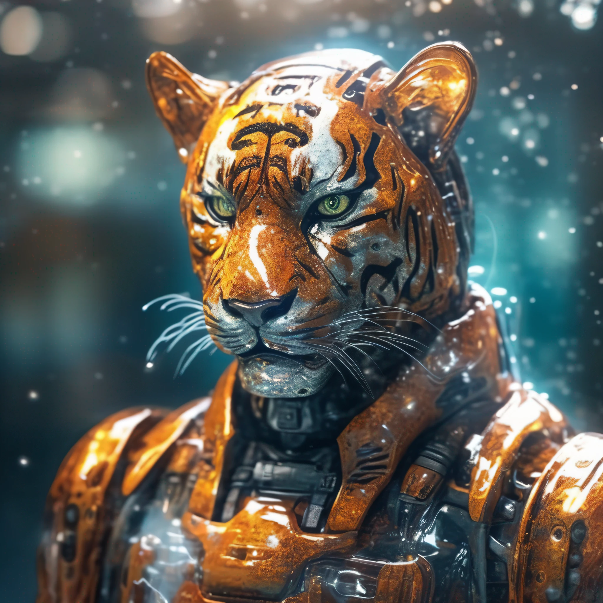 Portrait photo of transparent camouflage wearing mech suit，（（Light bokeh）），intrikate，（（semi transparent）Liquid water [Rust]），elegantly，Clear focus，Photo by Greg Rutkowski，gentlesoftlighting，Bright color，nmasterpiece，（（Streets） )), Detailed tiger，Future Tiger Warrior