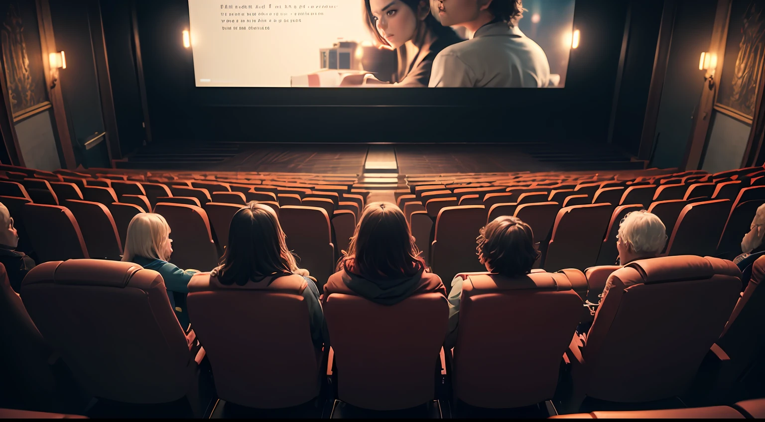 Many viewers sit in the cinema and watch a movie, sitting in a movie theater, in a cinema, cinema, cinematic movie image, cinematic movie scene, award-winning cinema, photo of the cinema screen, Movie, cinematic movie, expansive cinematic view, shutterstock, kinematics", cinematic movie, kino, cinematic imax shot, films, theater,Red seats,