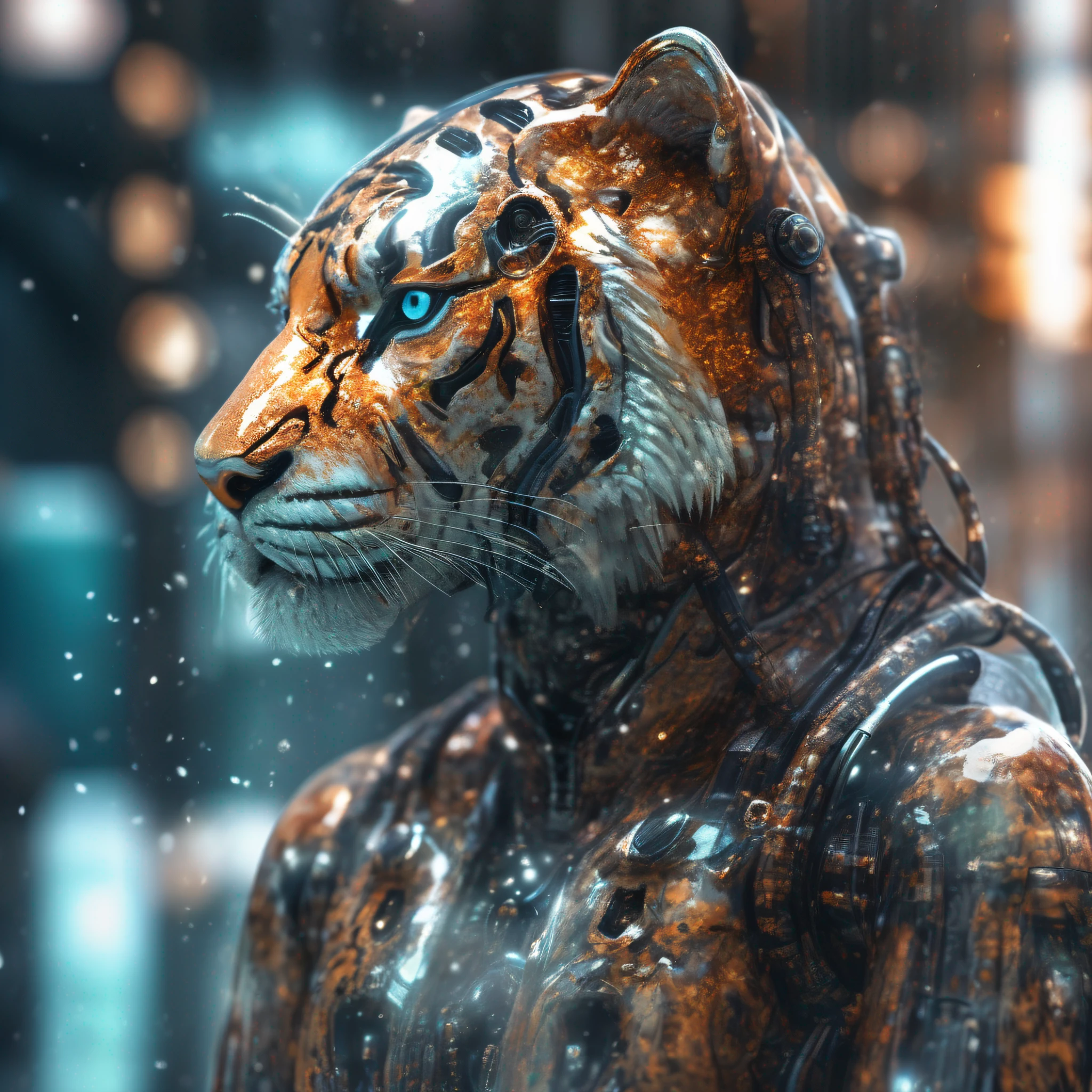 Portrait photo of transparent camouflage wearing mech suit，（（Light bokeh）），intrikate，（（semi transparent）Liquid water [Rust]），elegantly，Clear focus，Photo by Greg Rutkowski，gentlesoftlighting，Bright color，nmasterpiece，（（Streets） )), Detailed tiger，Future Tiger Warrior