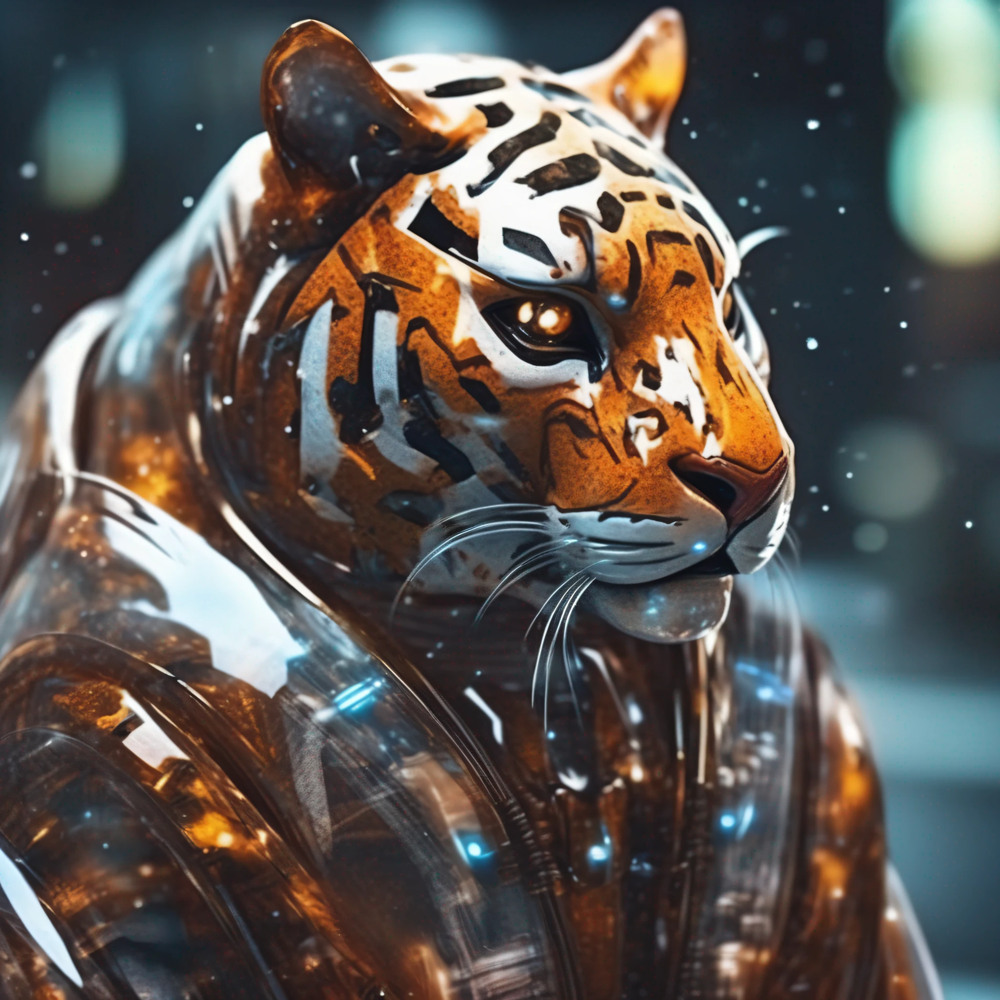 Portrait photo of transparent camouflage wearing mech suit，（（Light bokeh）），intrikate，（（semi transparent）Liquid water [Rust]），elegantly，Clear focus，Photo by Greg Rutkowski，gentlesoftlighting，Bright color，nmasterpiece，（（Streets） )), Detailed tiger，Future Tiger Warrior