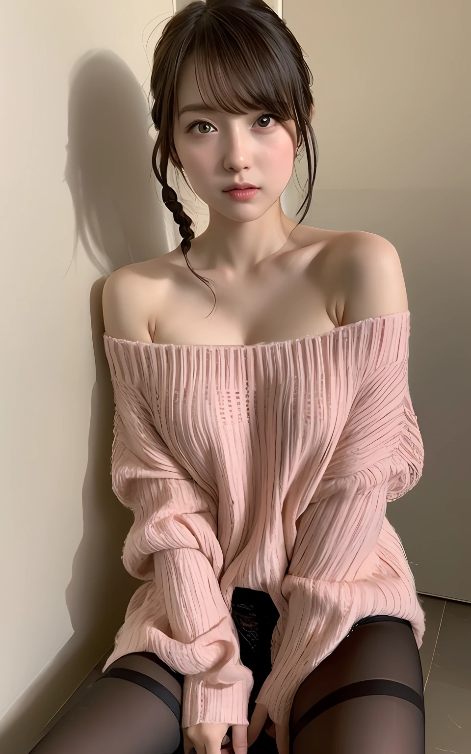 Highly detailed CG Unity 8K wallpaper, with the highest quality, super detailed, Master Piece, Realistic, photo realistic, extremely detailed cute girl, 25 years old, blush,, Round eyes, medium breasts, looking viewer, Half body shot ,off-shoulder sweater, panties under pantyhose, toilet , sitting , french braid