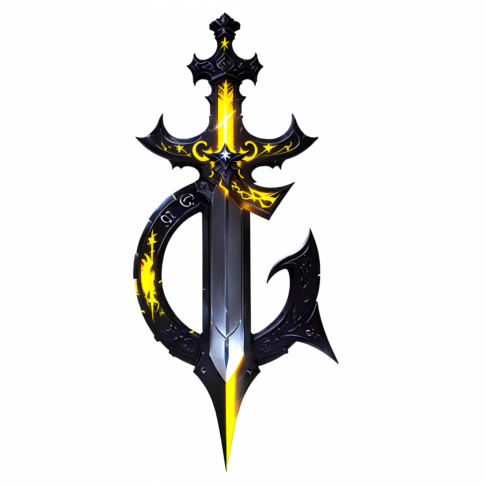 A logo with (((letter "G" on the middle))), ((letter "G" crossed by a big and large sword, top to botton, centralized)), color yellow and black vibrant, (cartoon style)